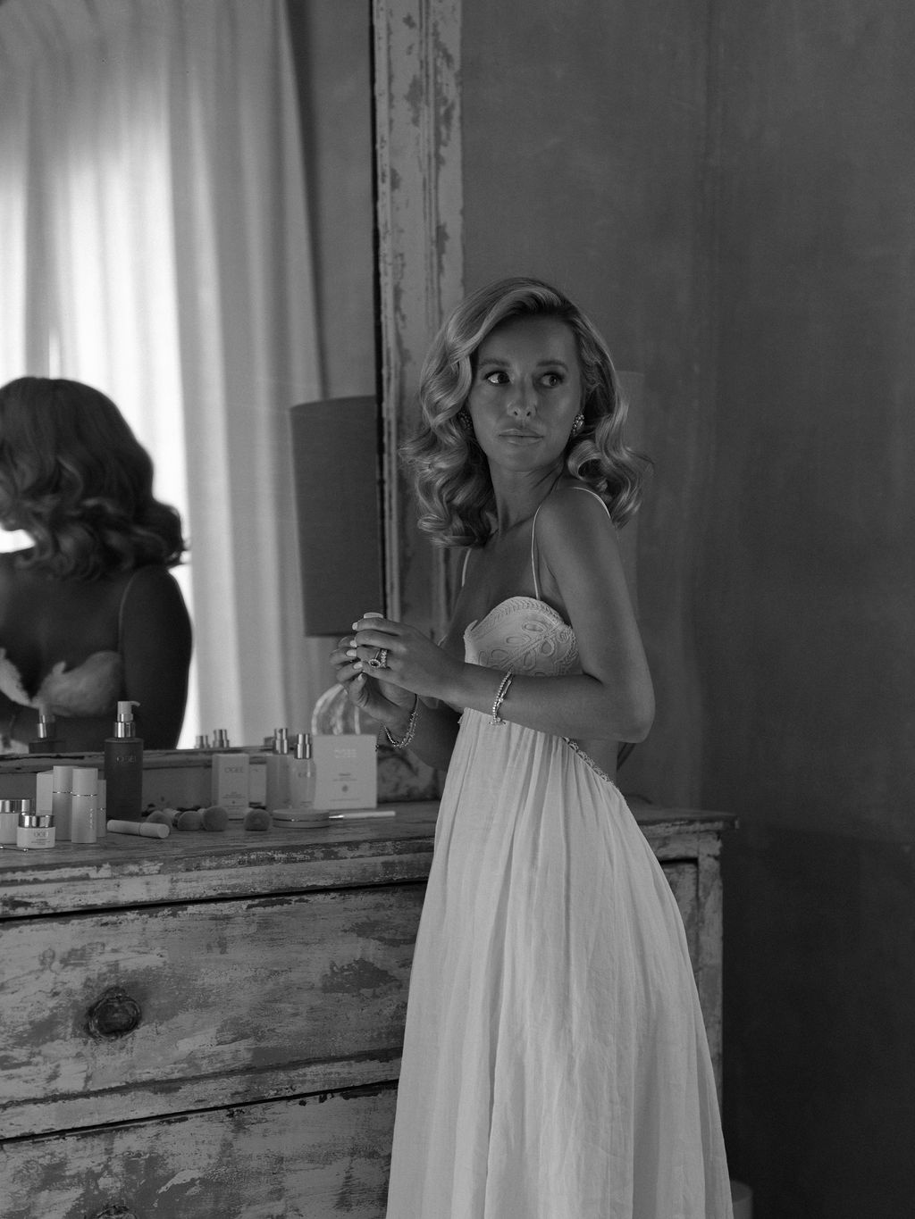 bride in slip before dressing, black and white at La Bastide de Laurence, Provence