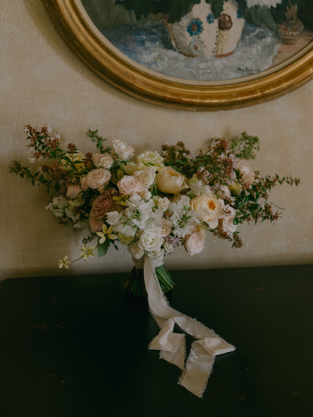 bridal bouquet with trailing silk ribbon at La Bastide de Laurence, Provence