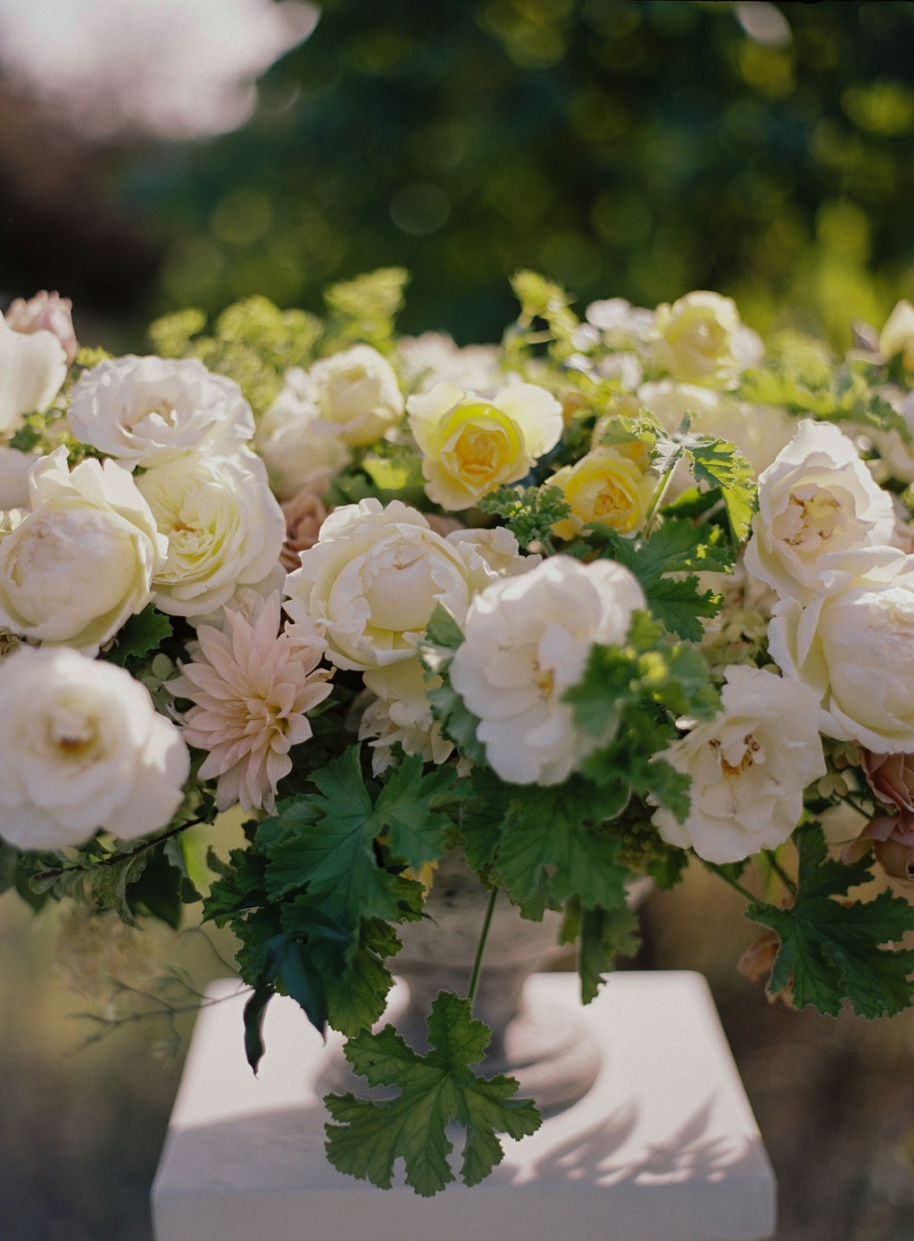 garden rose and hydrangea urn arrangement at La Bastide de Laurence, Provence