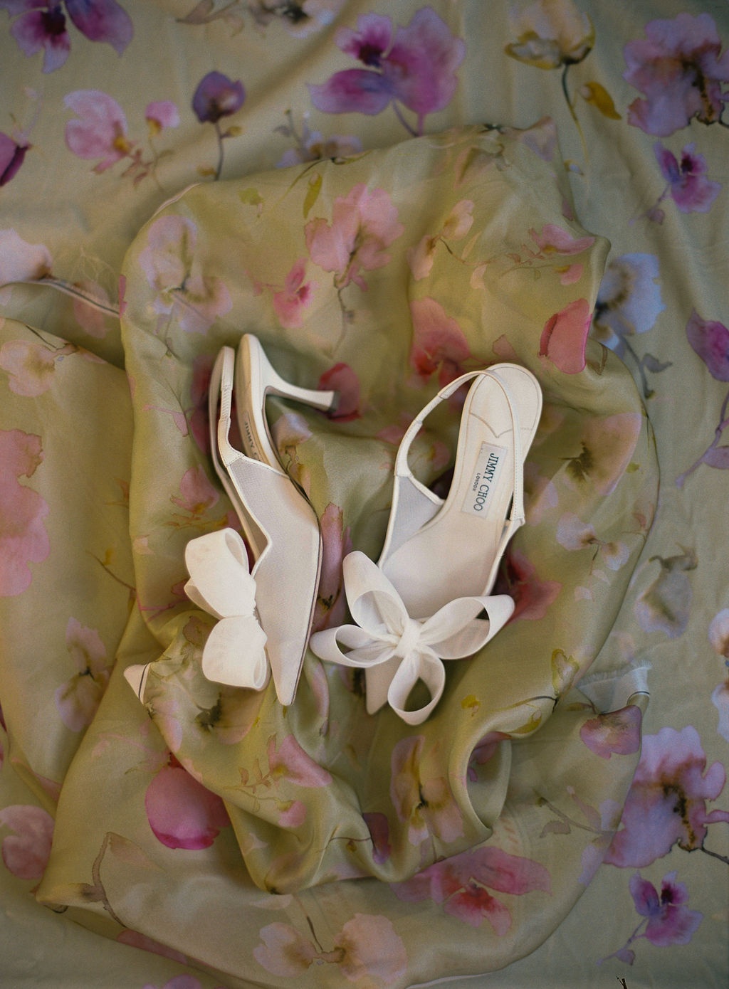 Jimmy Choo bow heels on watercolour silk at La Bastide de Laurence, Provence