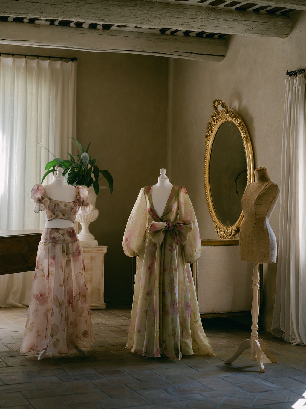 Wilden London watercolour gowns on mannequins at La Bastide de Laurence, Provence