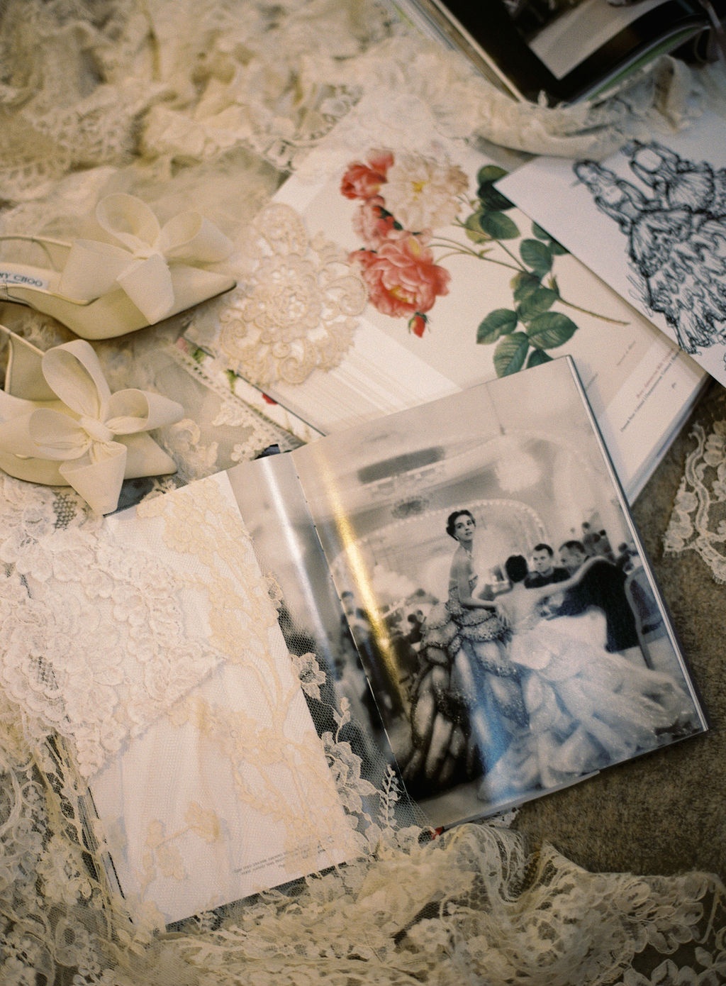 vintage bridal research and Jimmy Choo heels flat lay at La Bastide de Laurence, Provence
