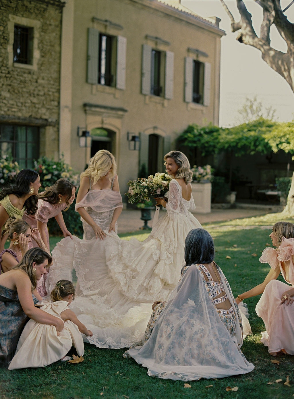 bridesmaids on the garden path with bouquets at La Bastide de Laurence, Provence