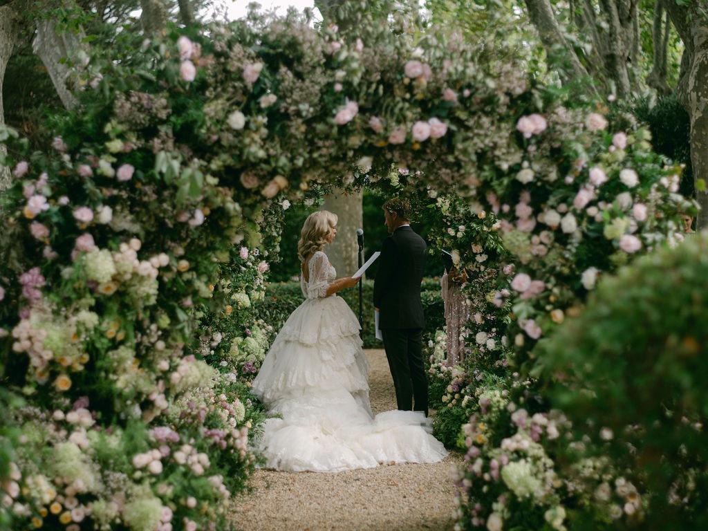 bride's veil lifting during the vows at La Bastide de Laurence, Provence
