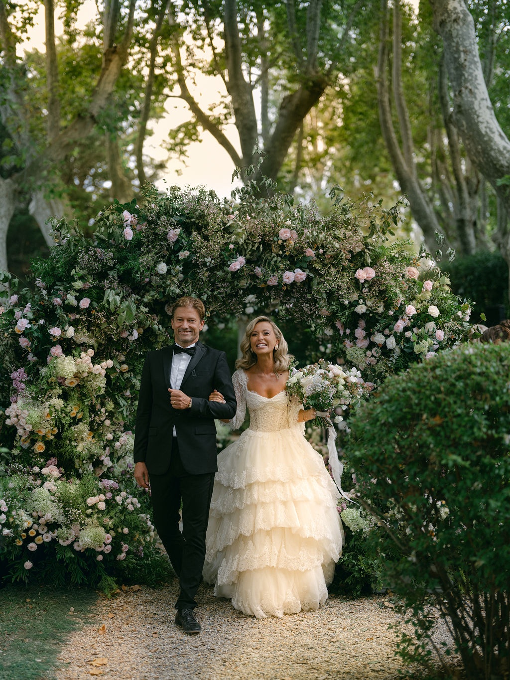 floral ceremony arches banked with hydrangea at La Bastide de Laurence, Provence