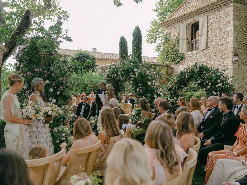 wide ceremony scene with the bastide facade behind at La Bastide de Laurence, Provence