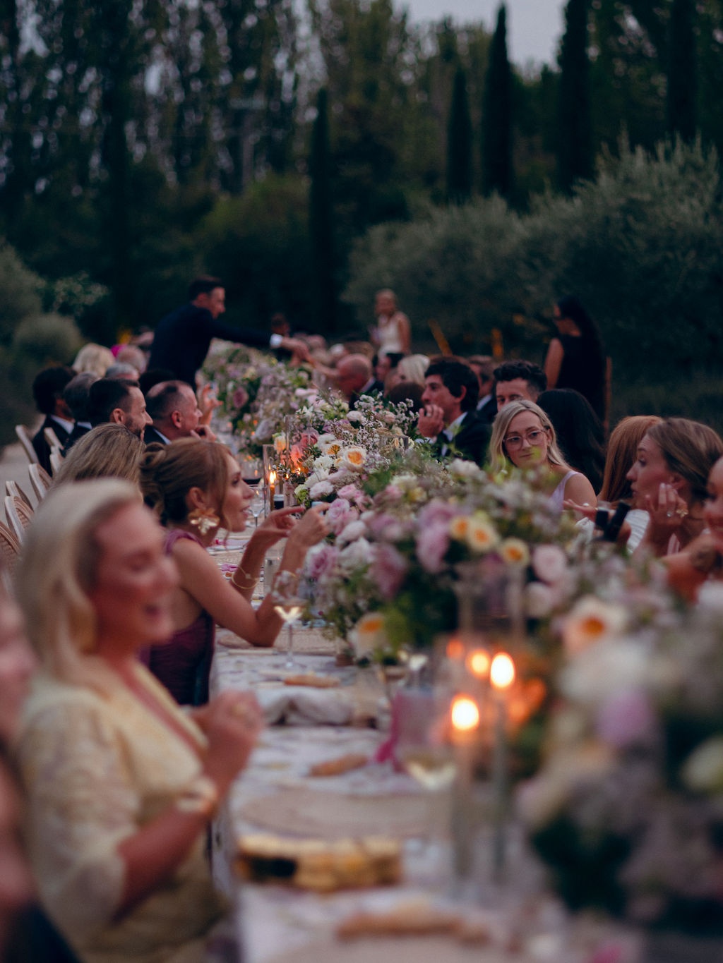 wide scene of the dinner at night at La Bastide de Laurence, Provence