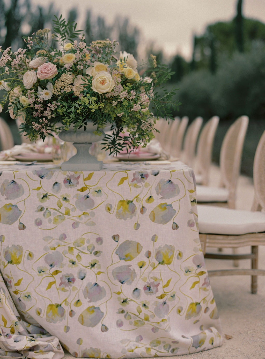 close tablescape with hand-printed linen at La Bastide de Laurence, Provence
