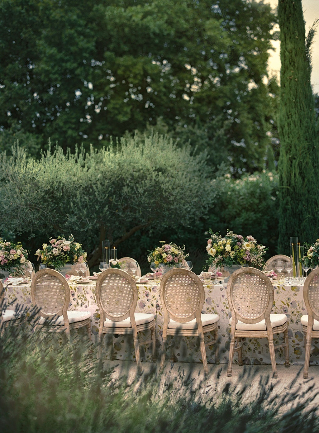 tablescape detail with printed linen at La Bastide de Laurence, Provence