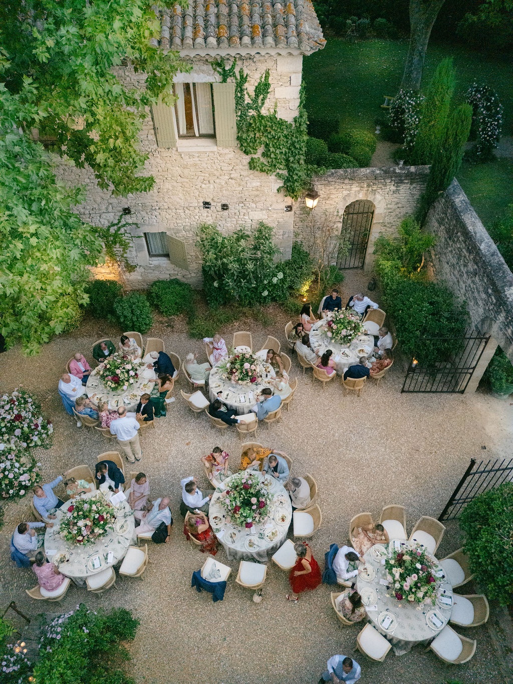 aerial of the bastide courtyard welcome dinner at La Bastide de Laurence, Provence