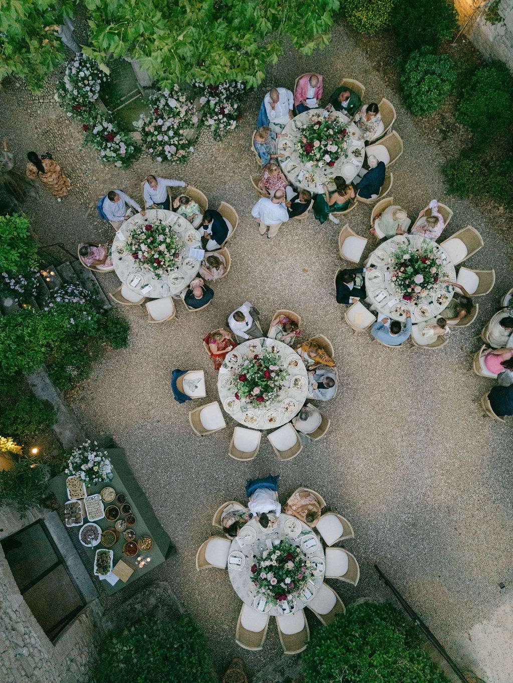 aerial of the bastide roofs and welcome dinner at La Bastide de Laurence, Provence
