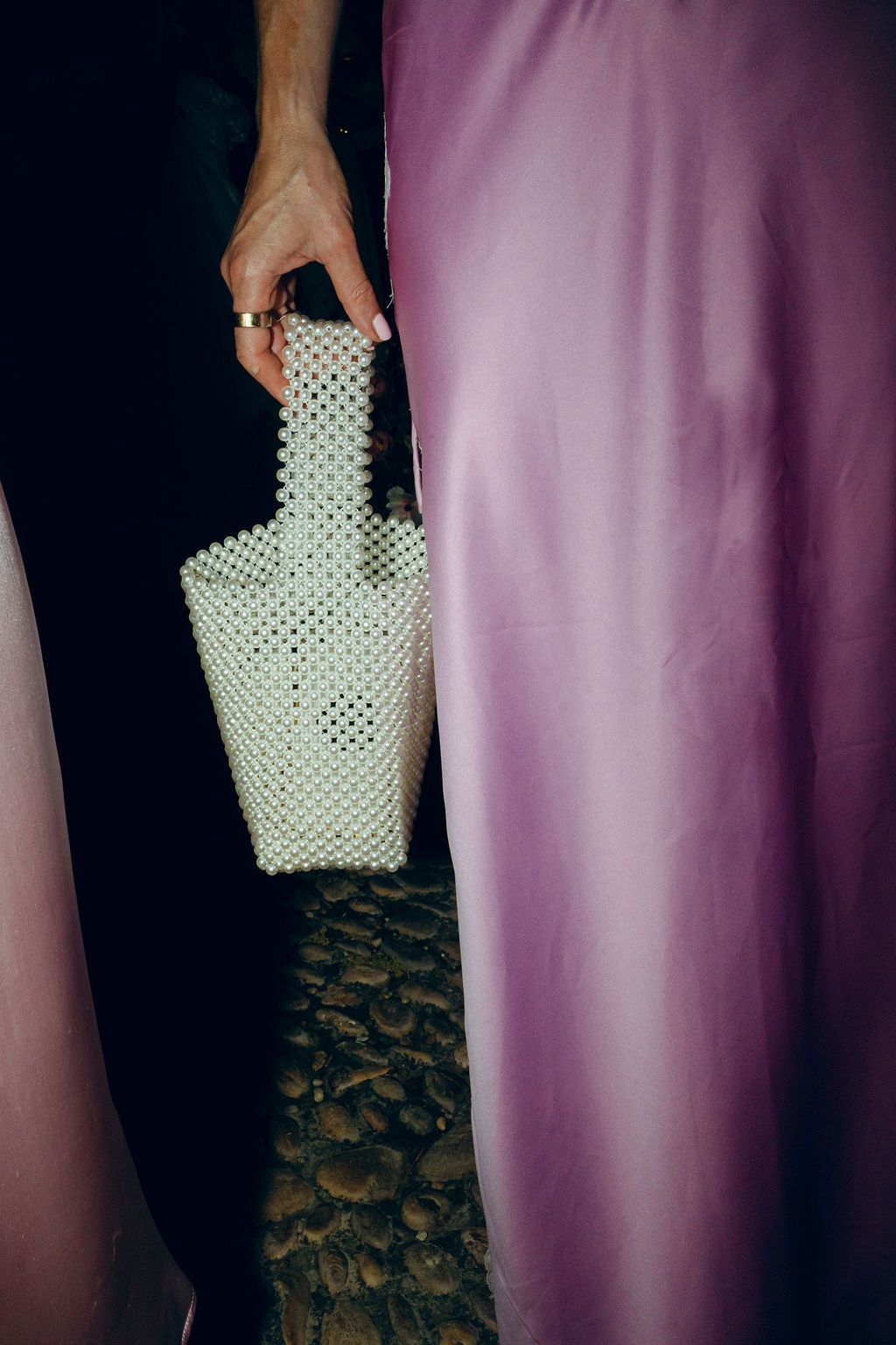beaded clutch and lilac silk skirt detail at La Bastide de Laurence, Provence
