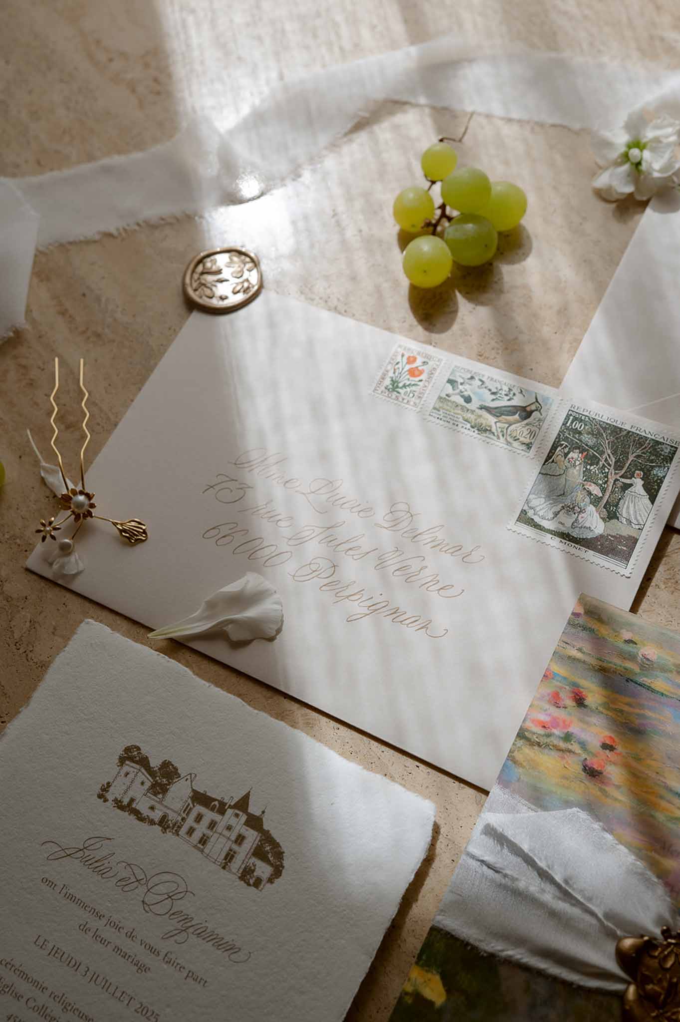 Golden hour stationery flatlay with calligraphy at Plage d'Apremont-sur-Allier