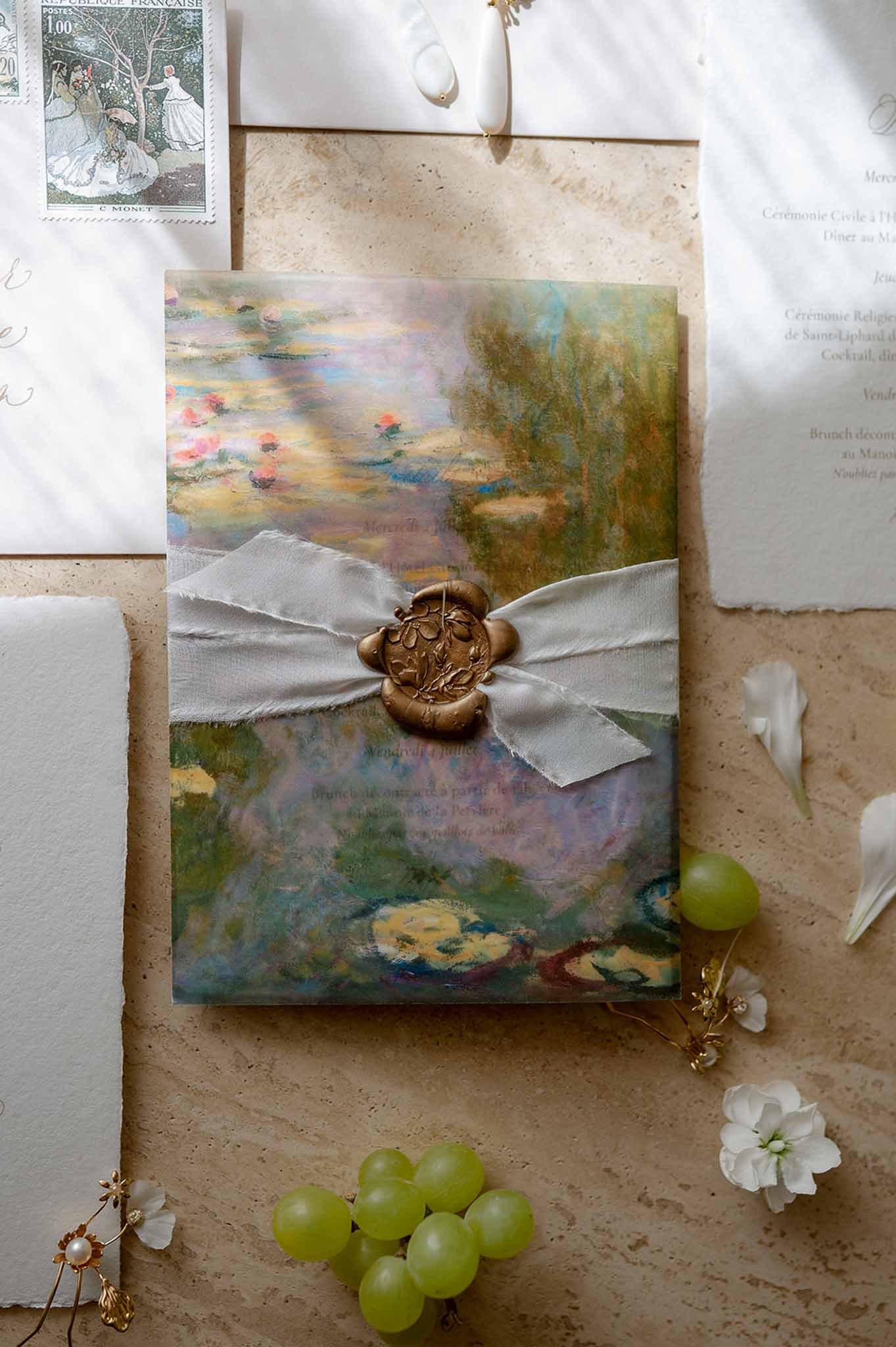 Monet water lily invitation with wax seal at Plage d'Apremont-sur-Allier
