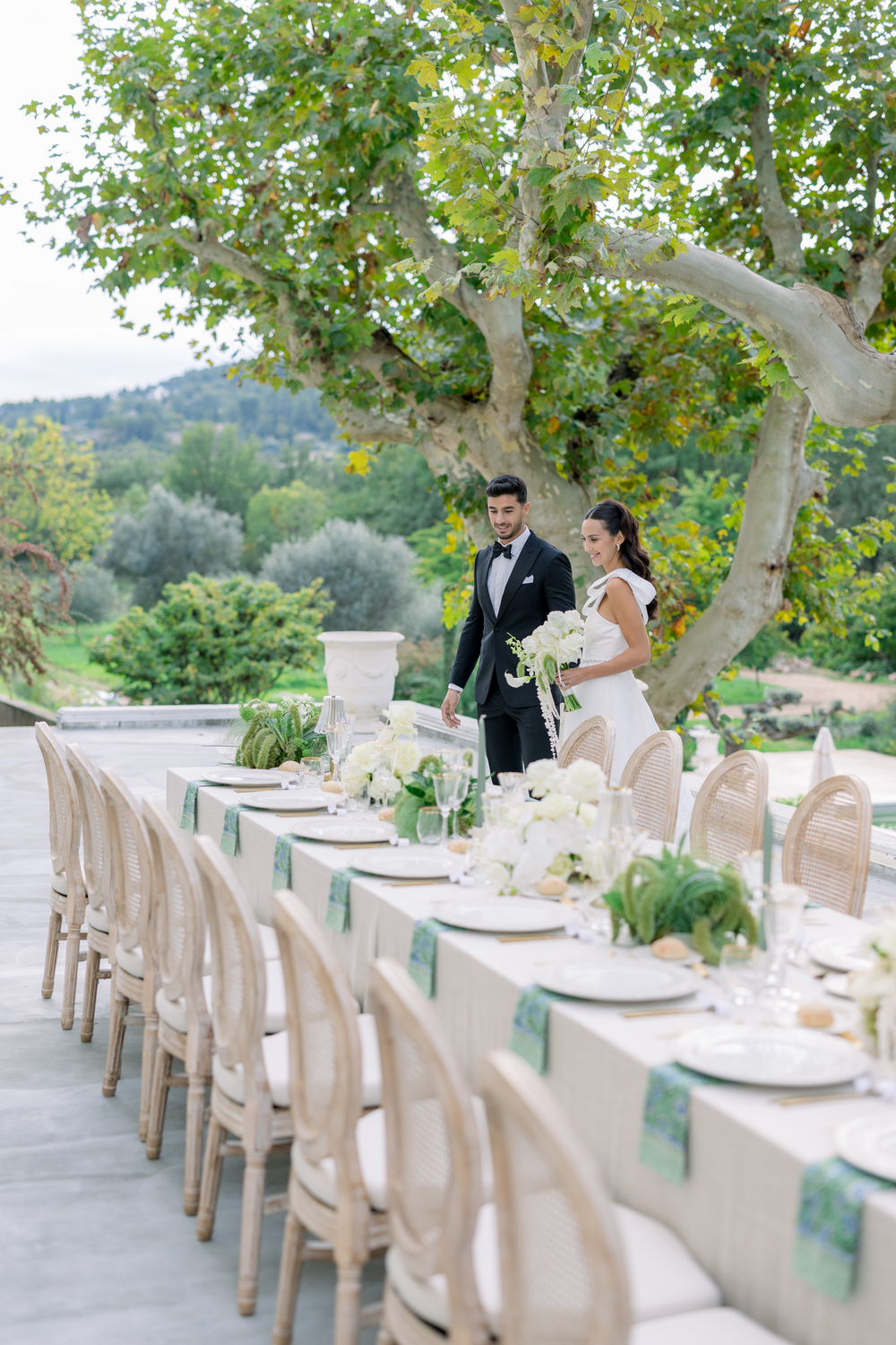 Wedding reception table setting with hydrangeas
