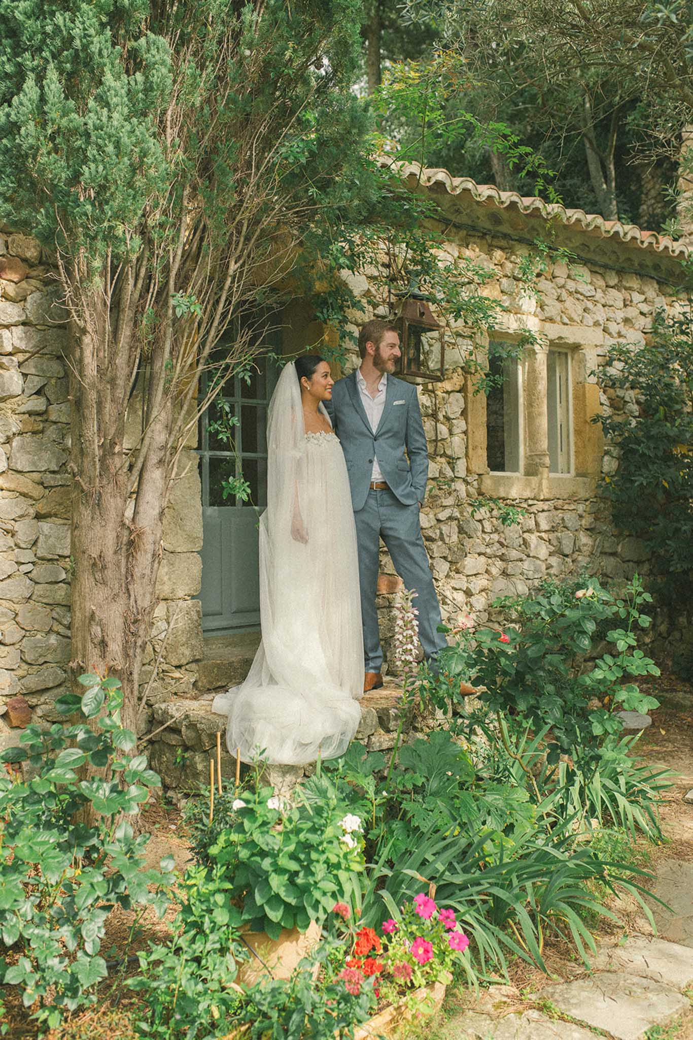 Bride and groom portrait in a garden