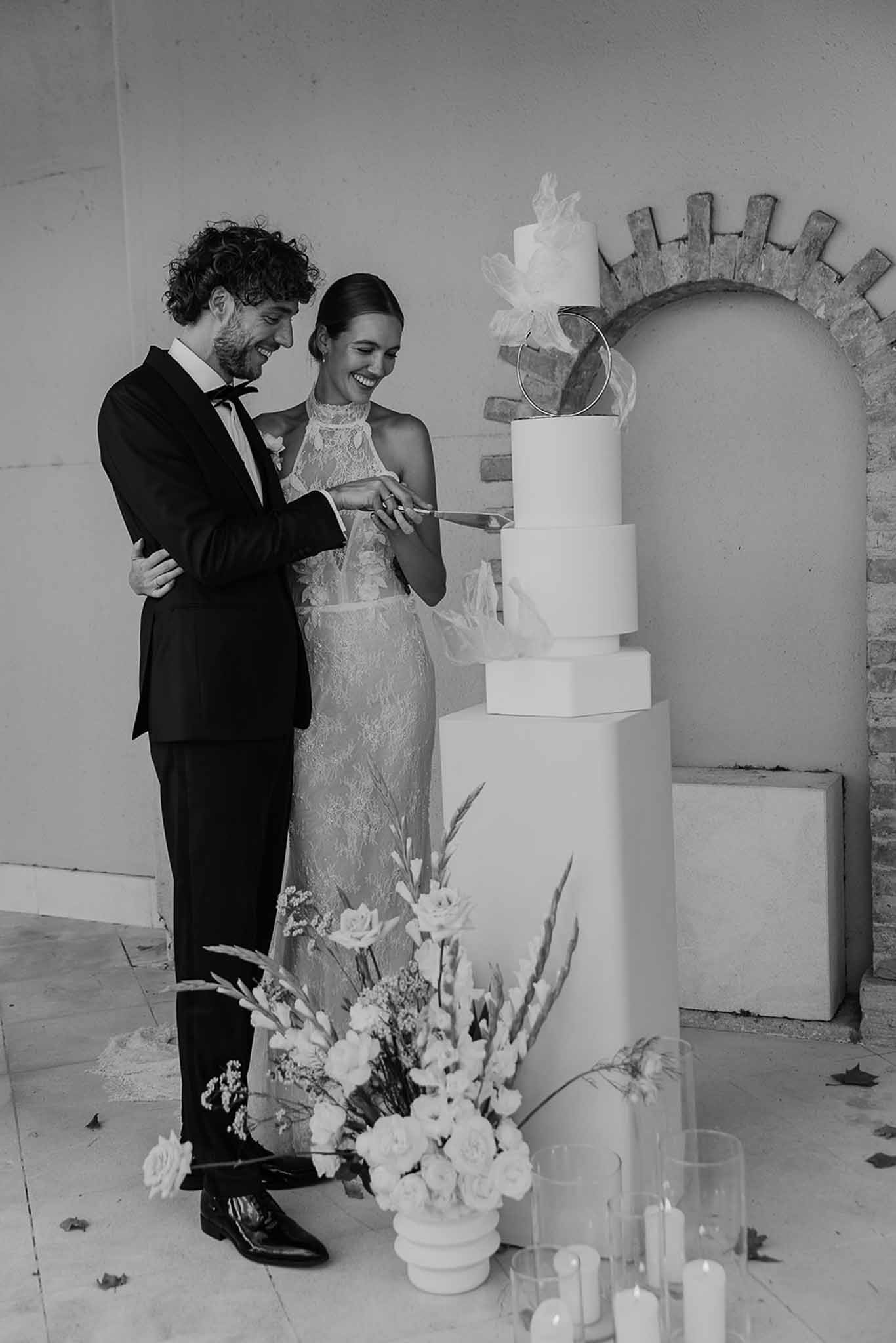 Black and white photo of bride and groom portrait