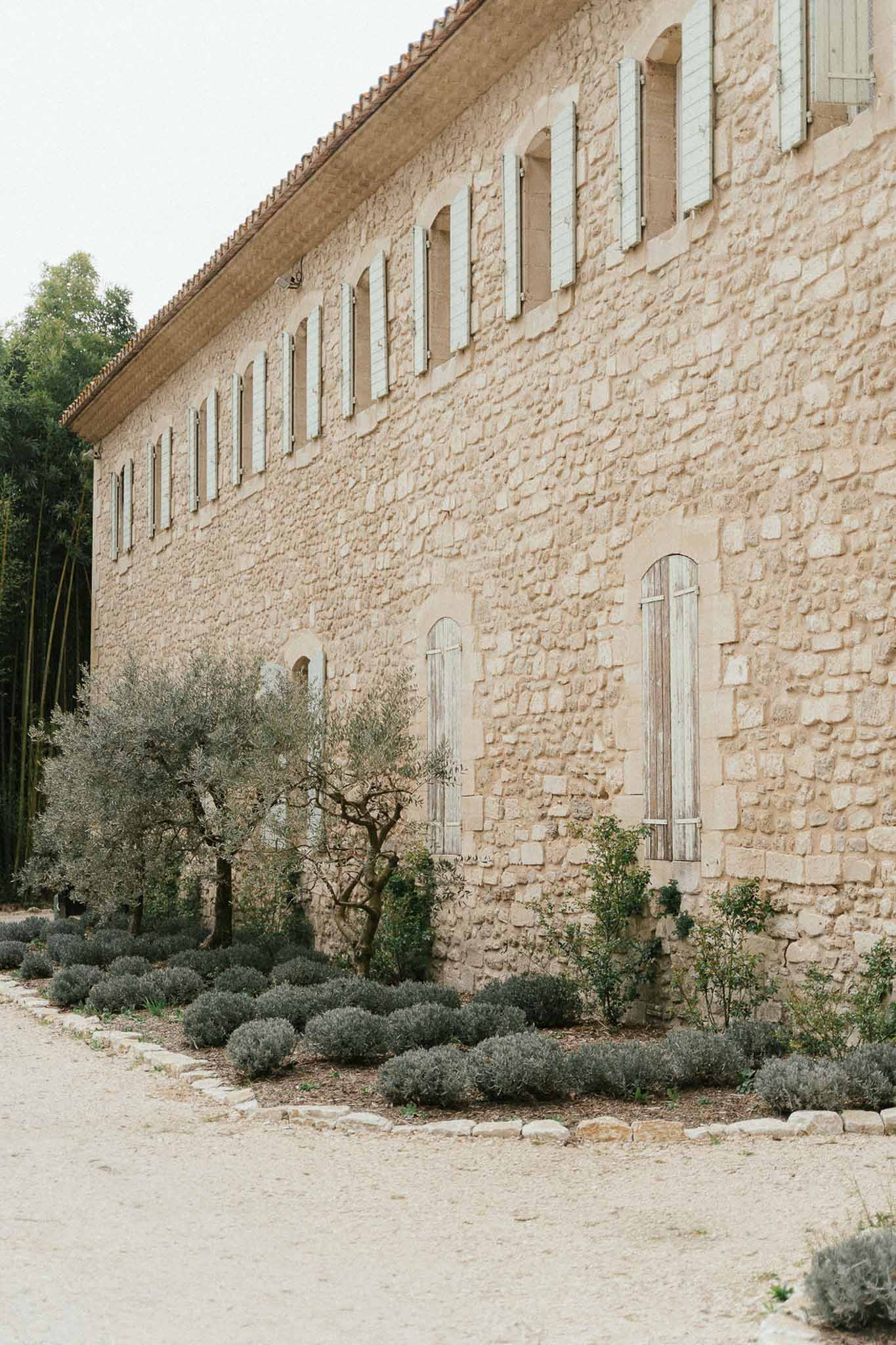 Provencal stone mas exterior with grey-blue shutters, lavender border, and olive trees along gravel path