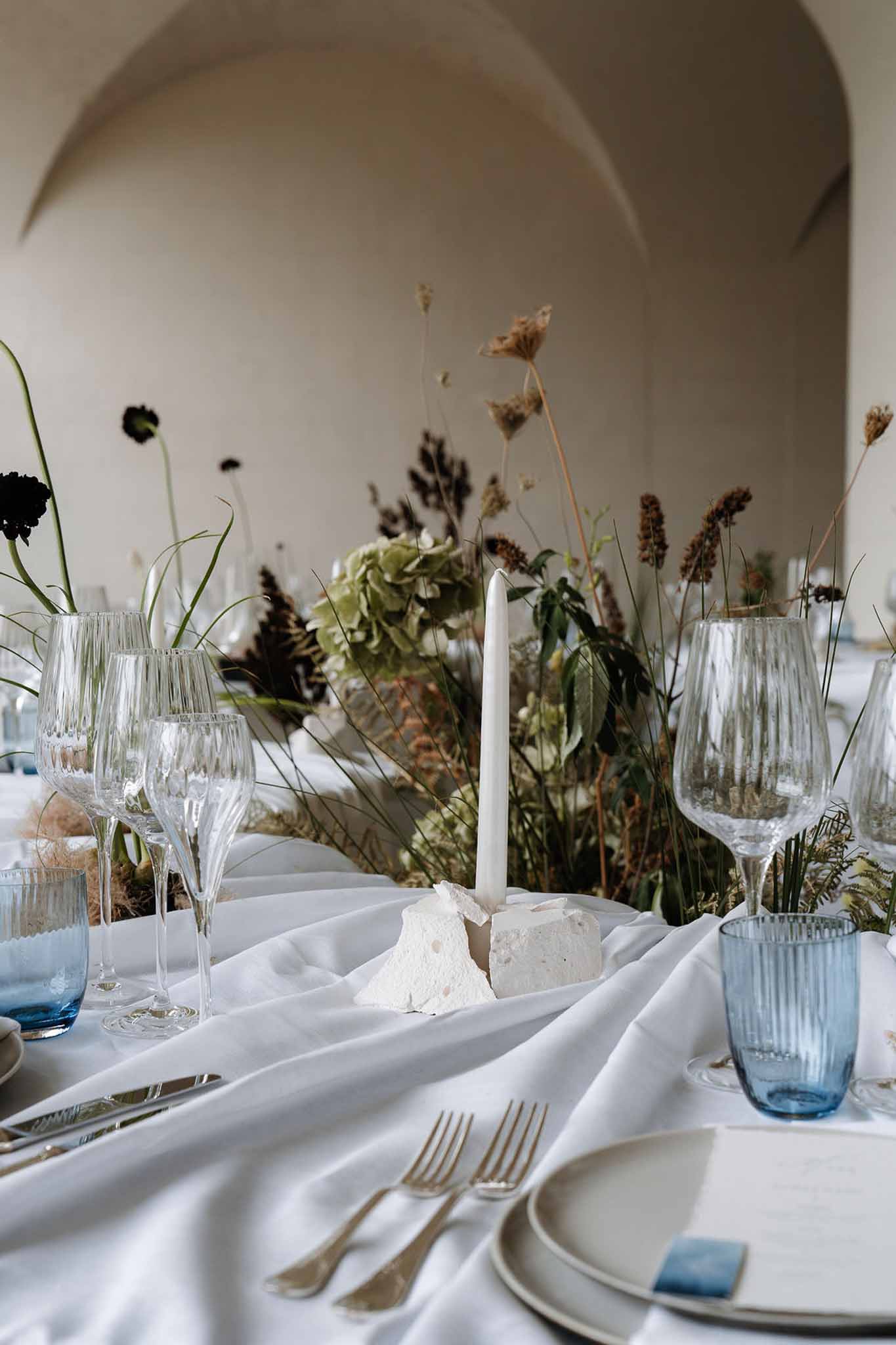 Wedding reception table setting with hydrangeas