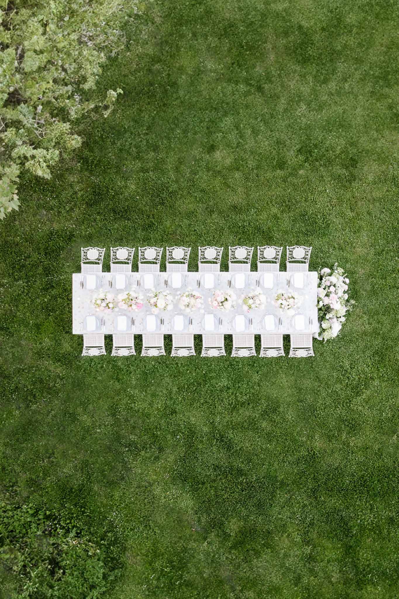 Aerial view of long table for 16 with blush and white floral runner and lattice-back chairs on lawn