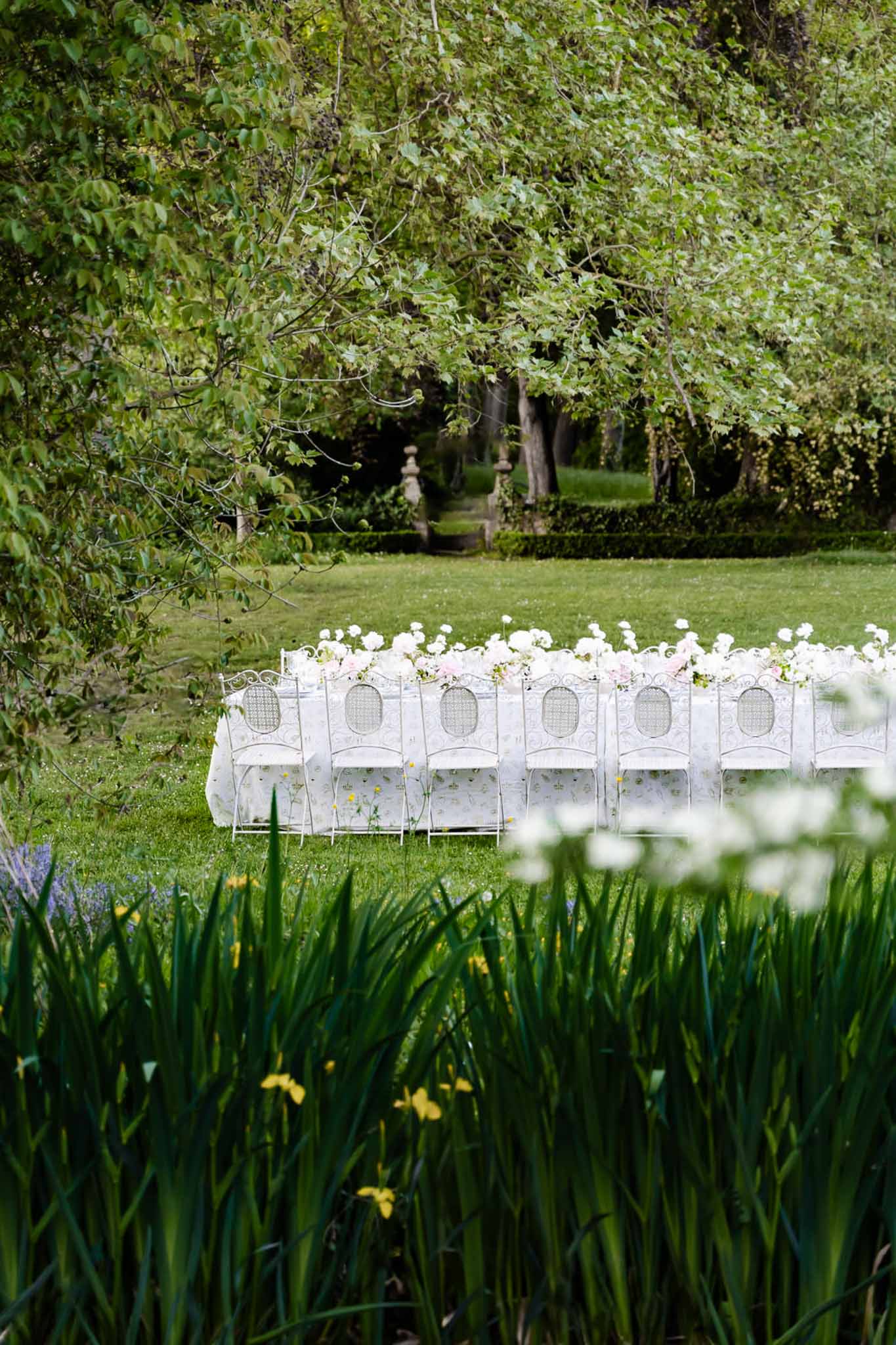 White wrought-iron chairs at long table with rose runner seen through iris border in formal garden