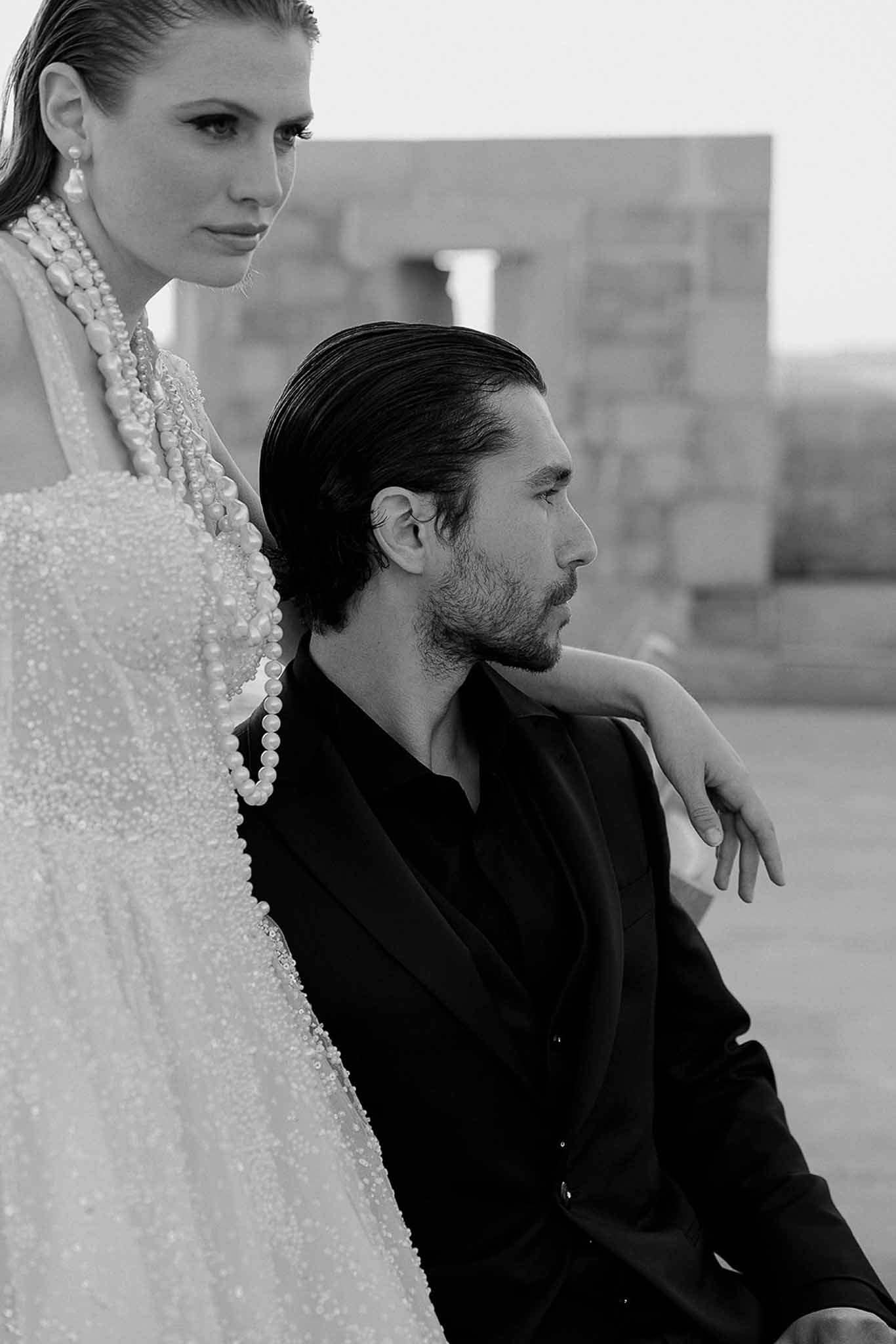 Black and white photo of bride and groom portrait