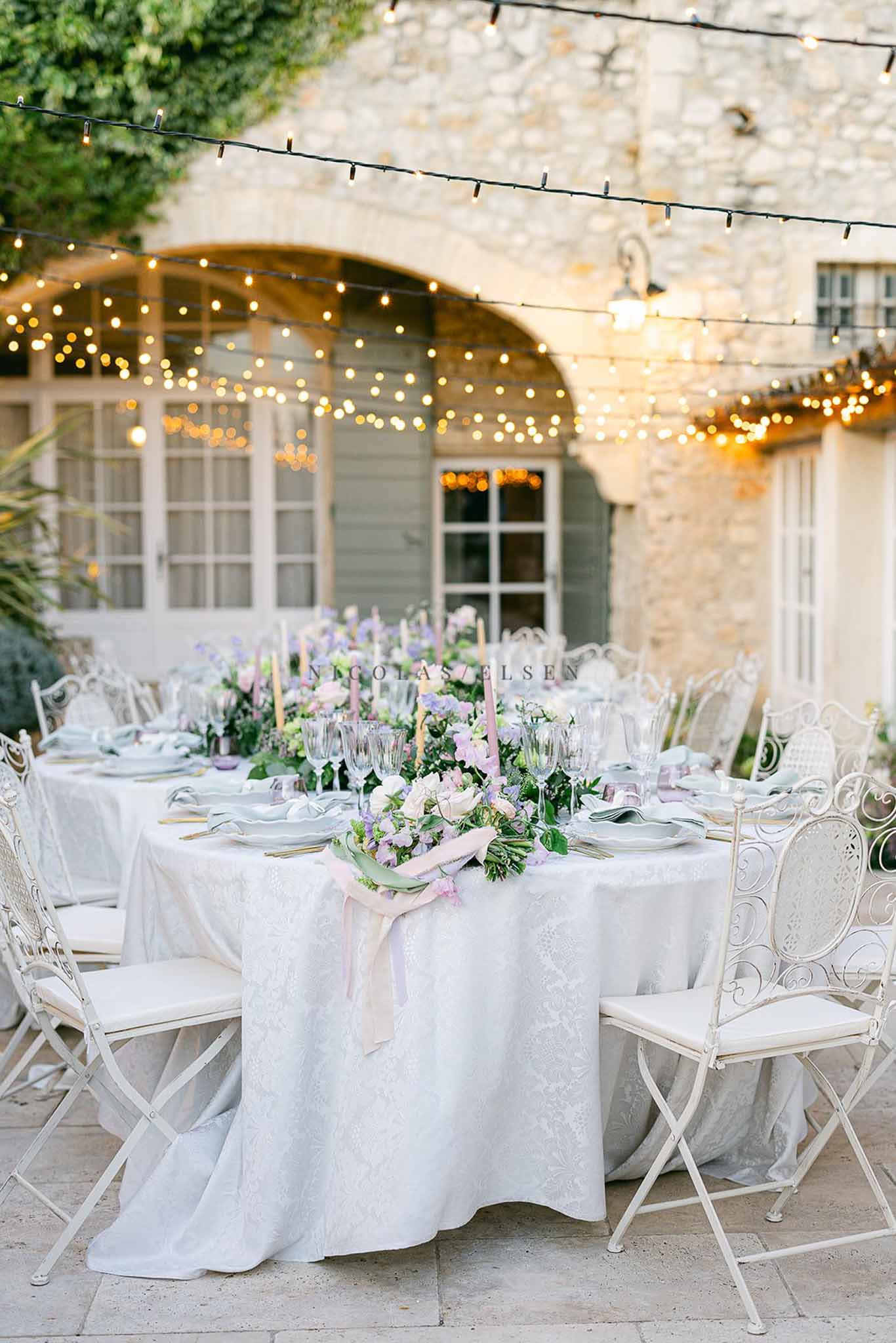 Wedding reception table setting in a garden