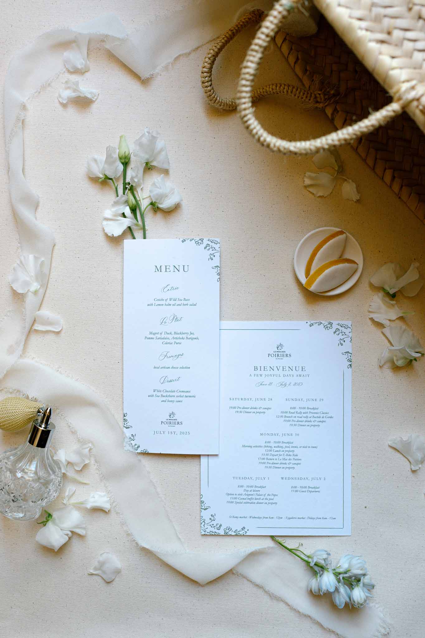 Dinner menu and welcome itinerary with botanical illustrations, sweet peas, silk ribbon, and straw tote