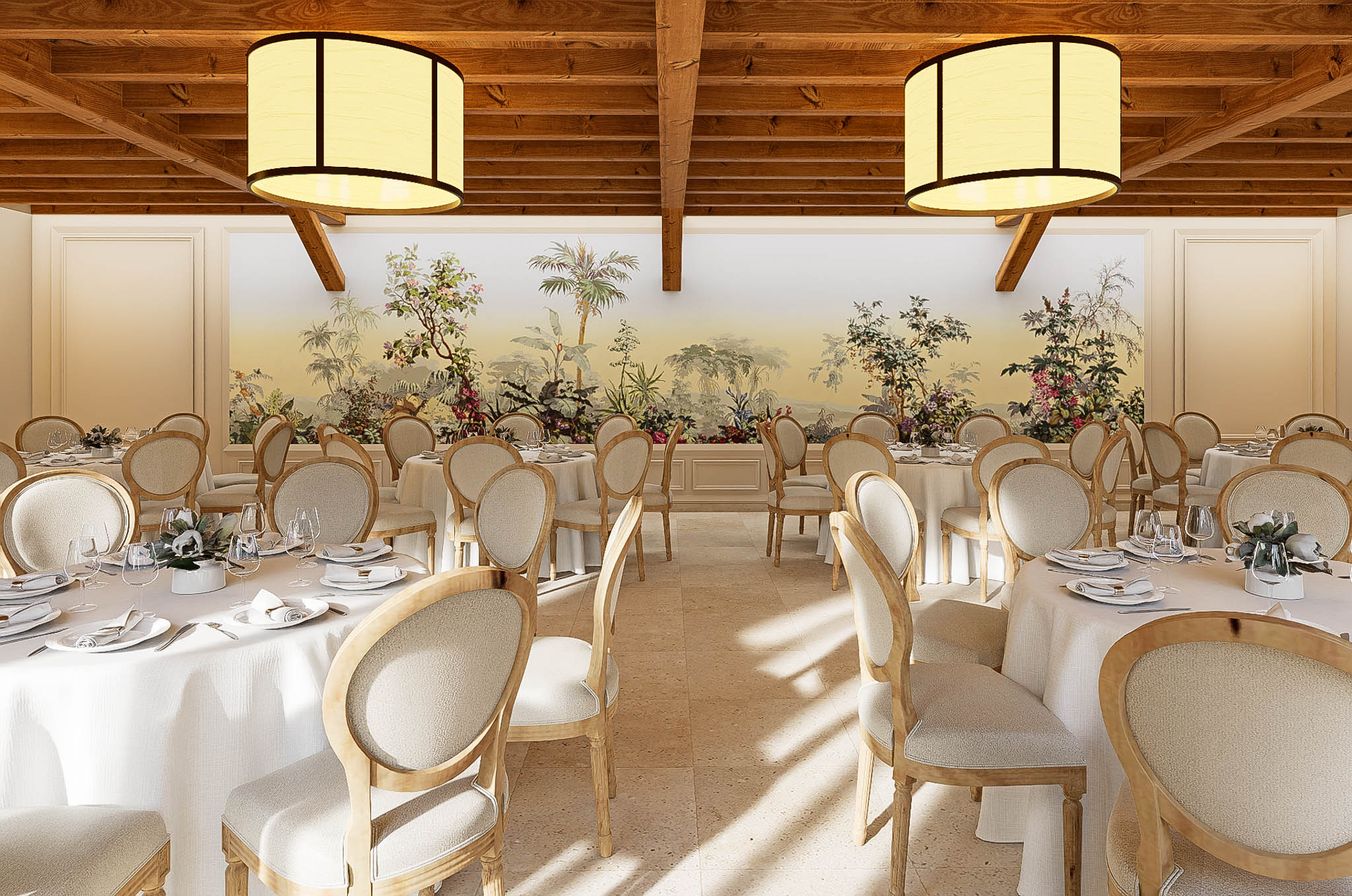 Wedding reception room with round tables, Louis XVI chairs, exposed beam ceiling, and large botanical panoramic wall mural