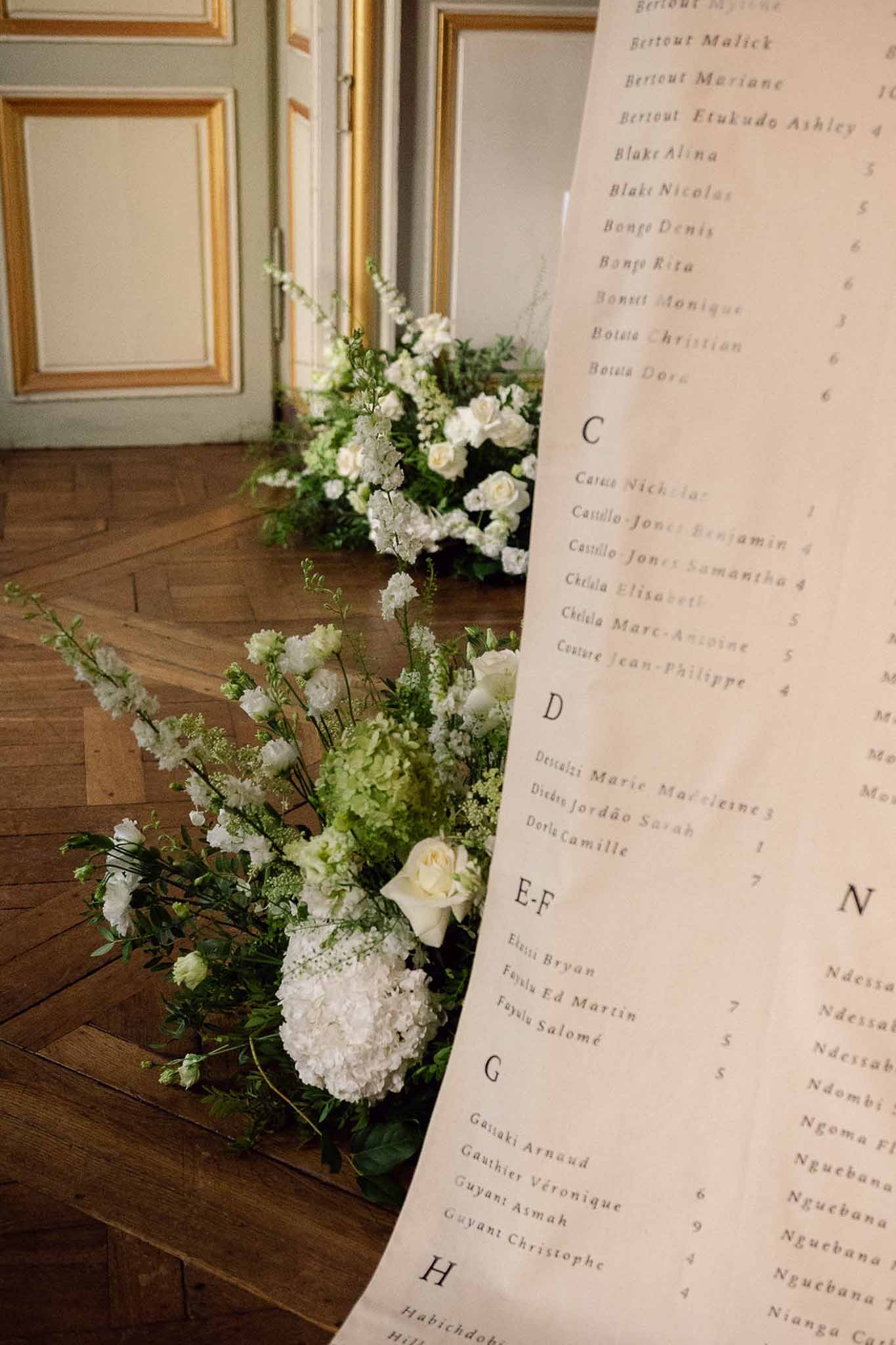 Wedding seating chart on printed scroll with white and green floral arrangements on herringbone parquet floor