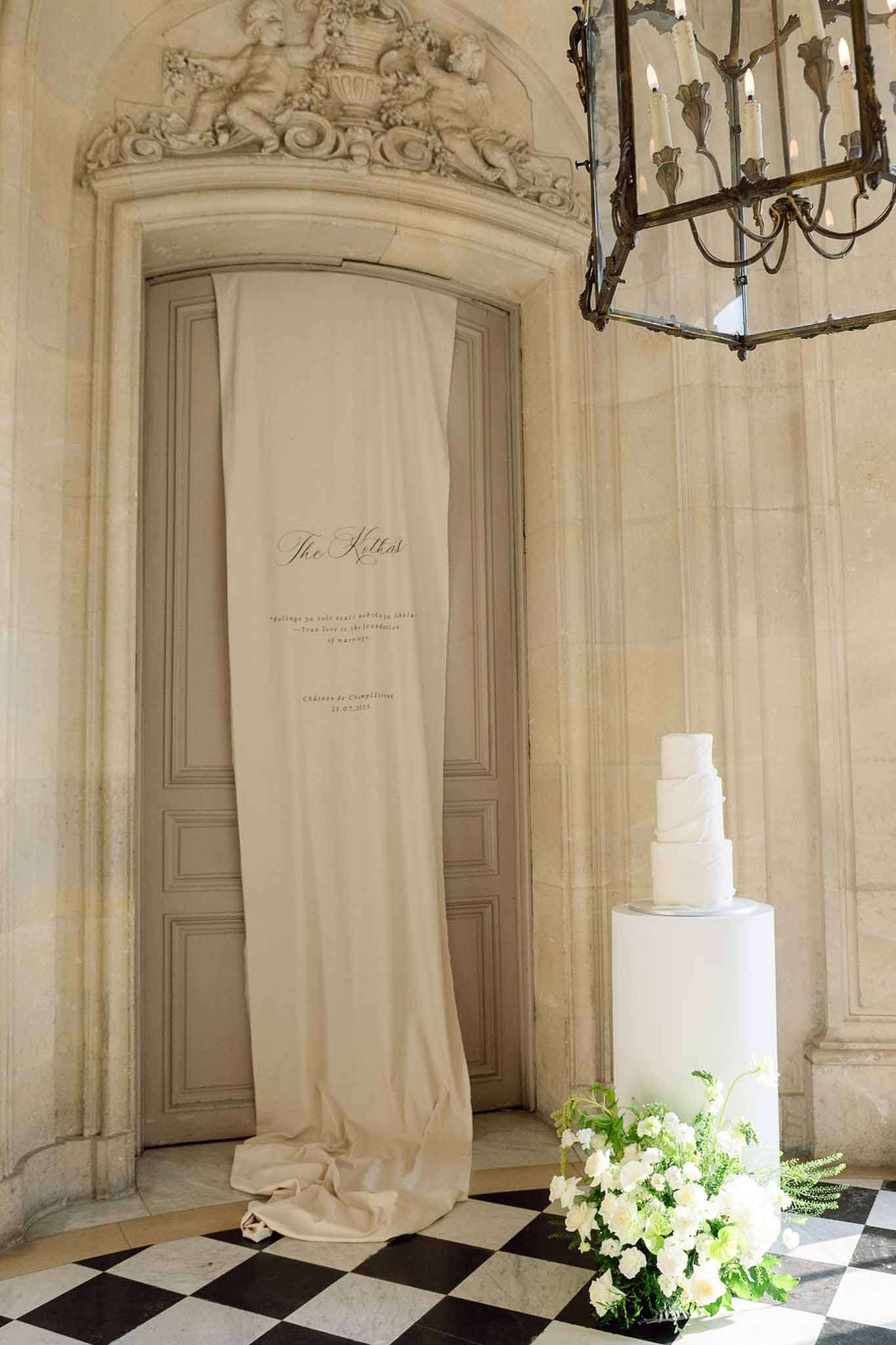 Black and white photo of wedding cake