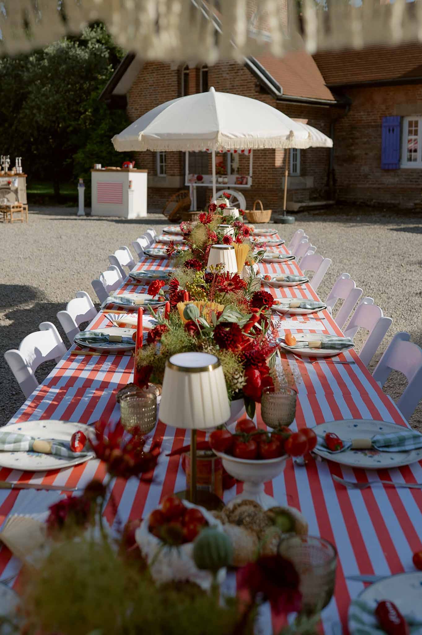 Red-striped tablecloth with red dahlia runner, gingham napkins, and illustrated plates before blue-shuttered farmhouse