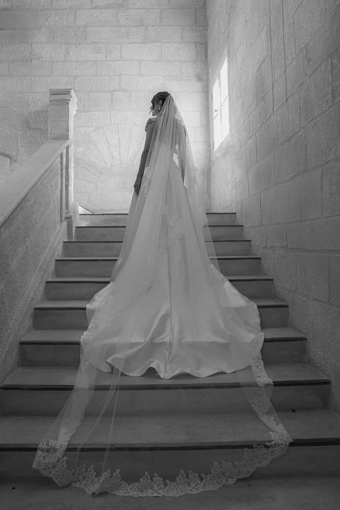 Black and white rear portrait of bride on stone staircase with cathedral veil and lace trim