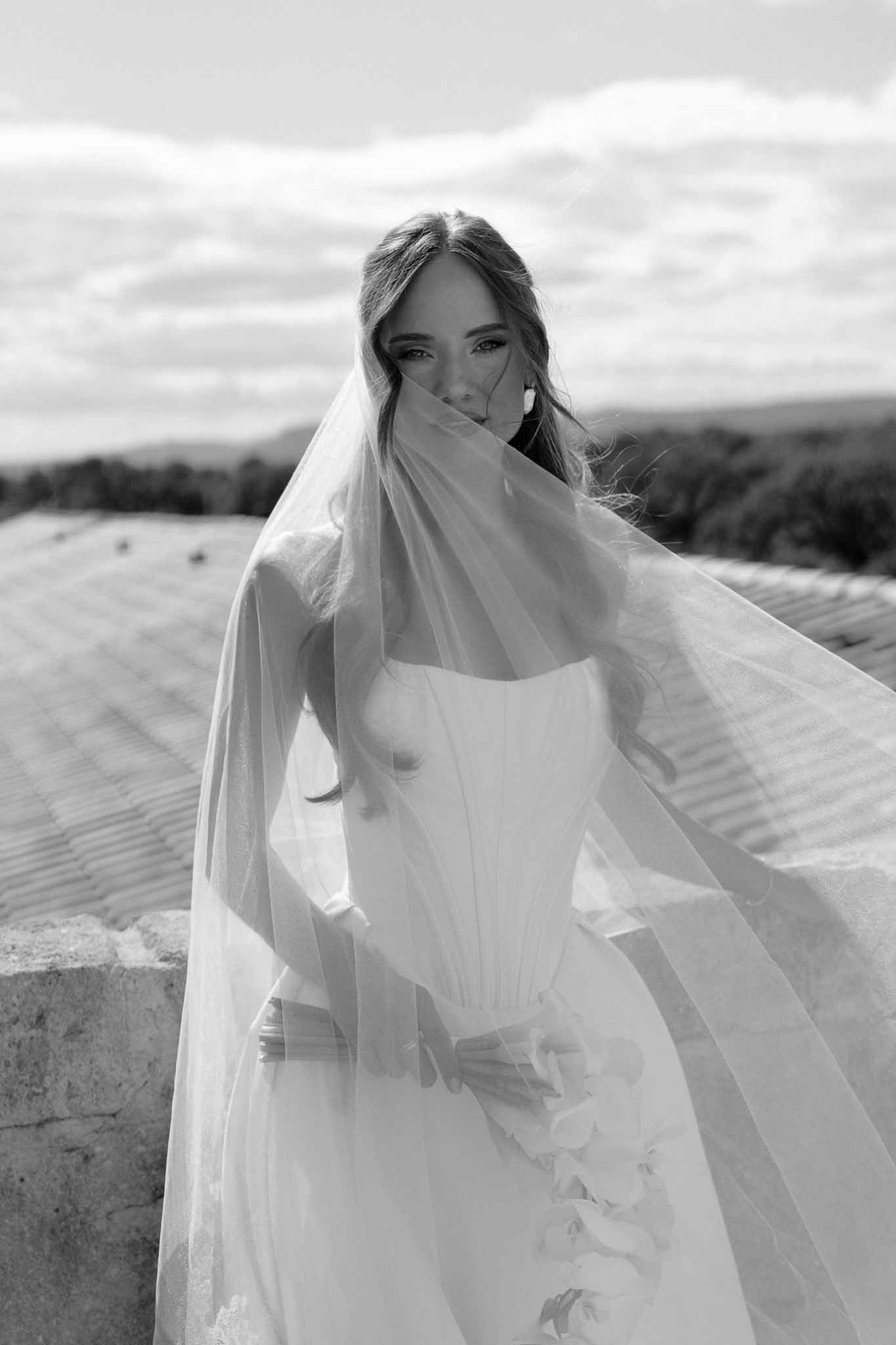 Black and white photo of bridal portrait