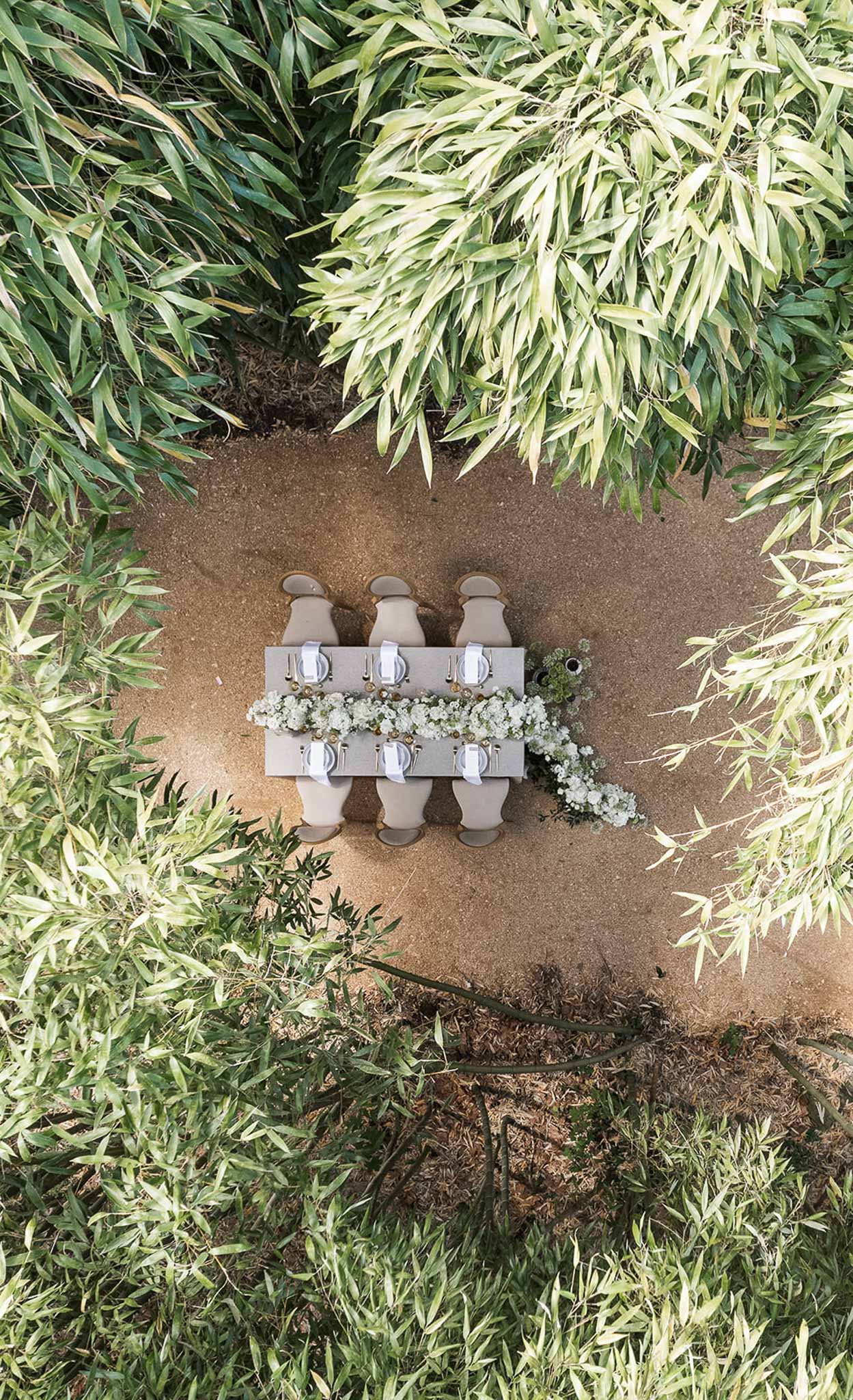 Aerial table with cascading white gypsophila runner and gold cutlery on sand-toned chairs amid bamboo foliage