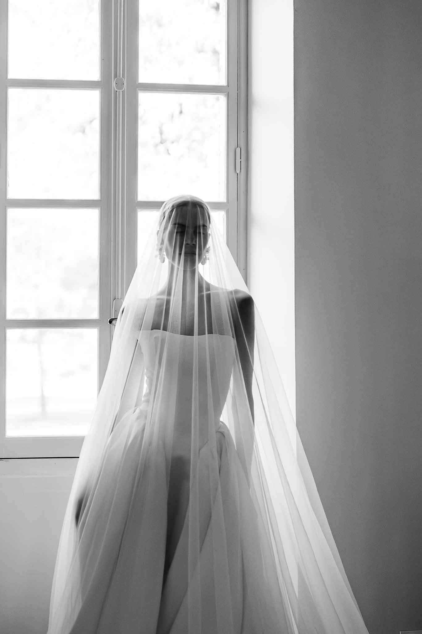 Black and white photo of bridal portrait
