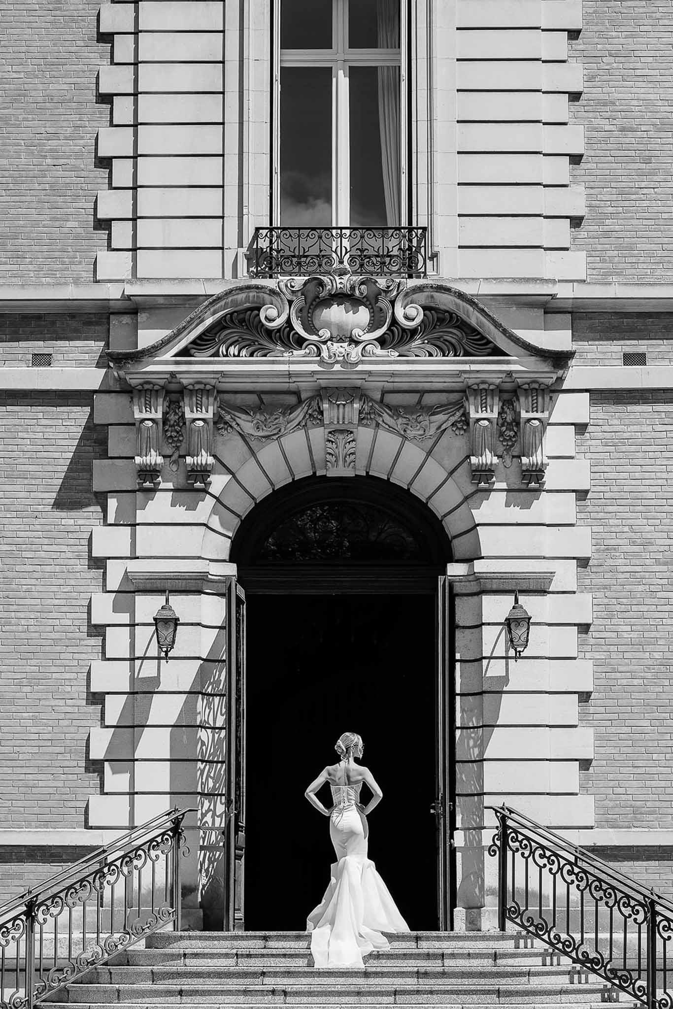 Black and white photo of bridal portrait