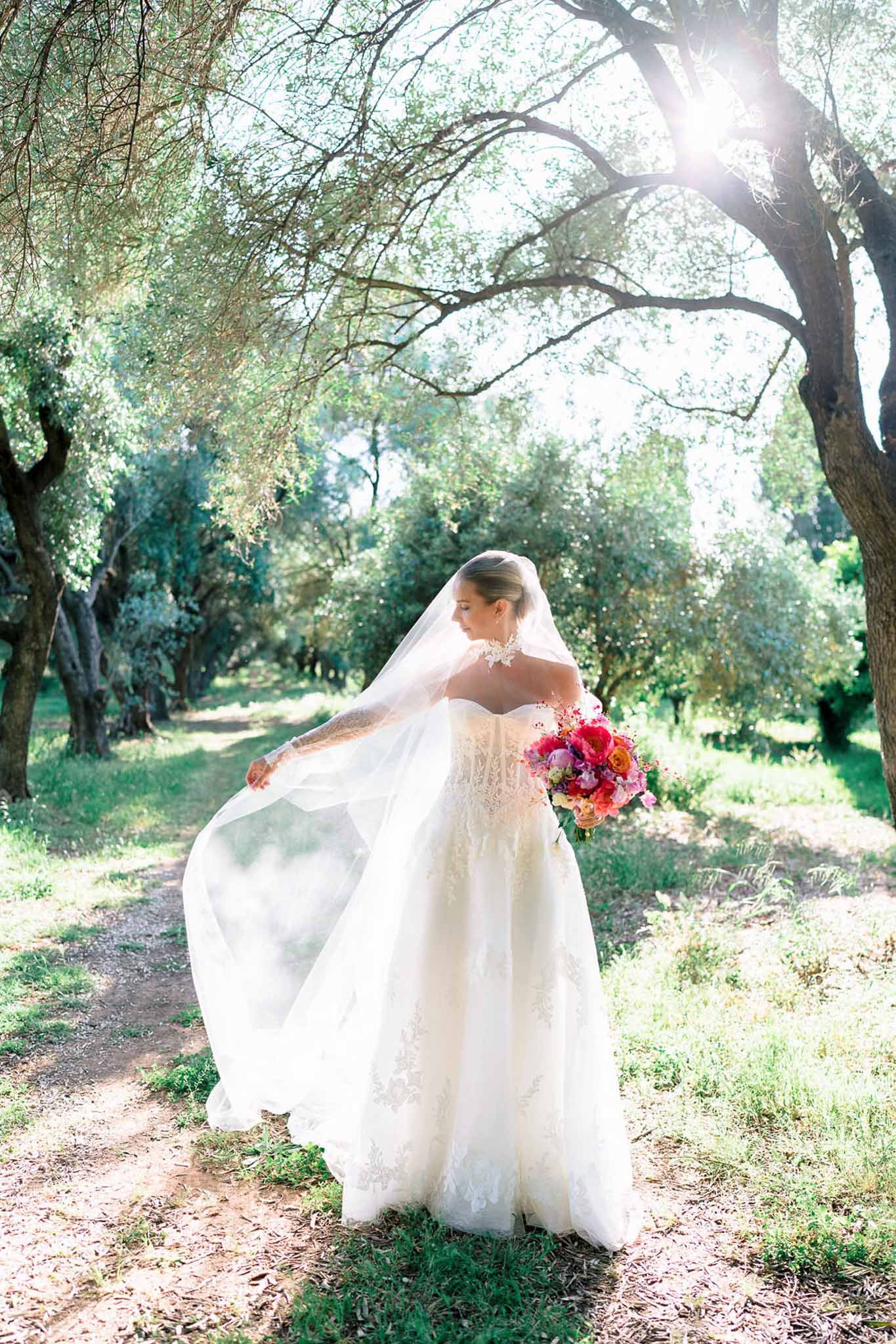 Bride in ivory lace ball gown with cathedral veil holding hot pink peony and coral bouquet in olive grove