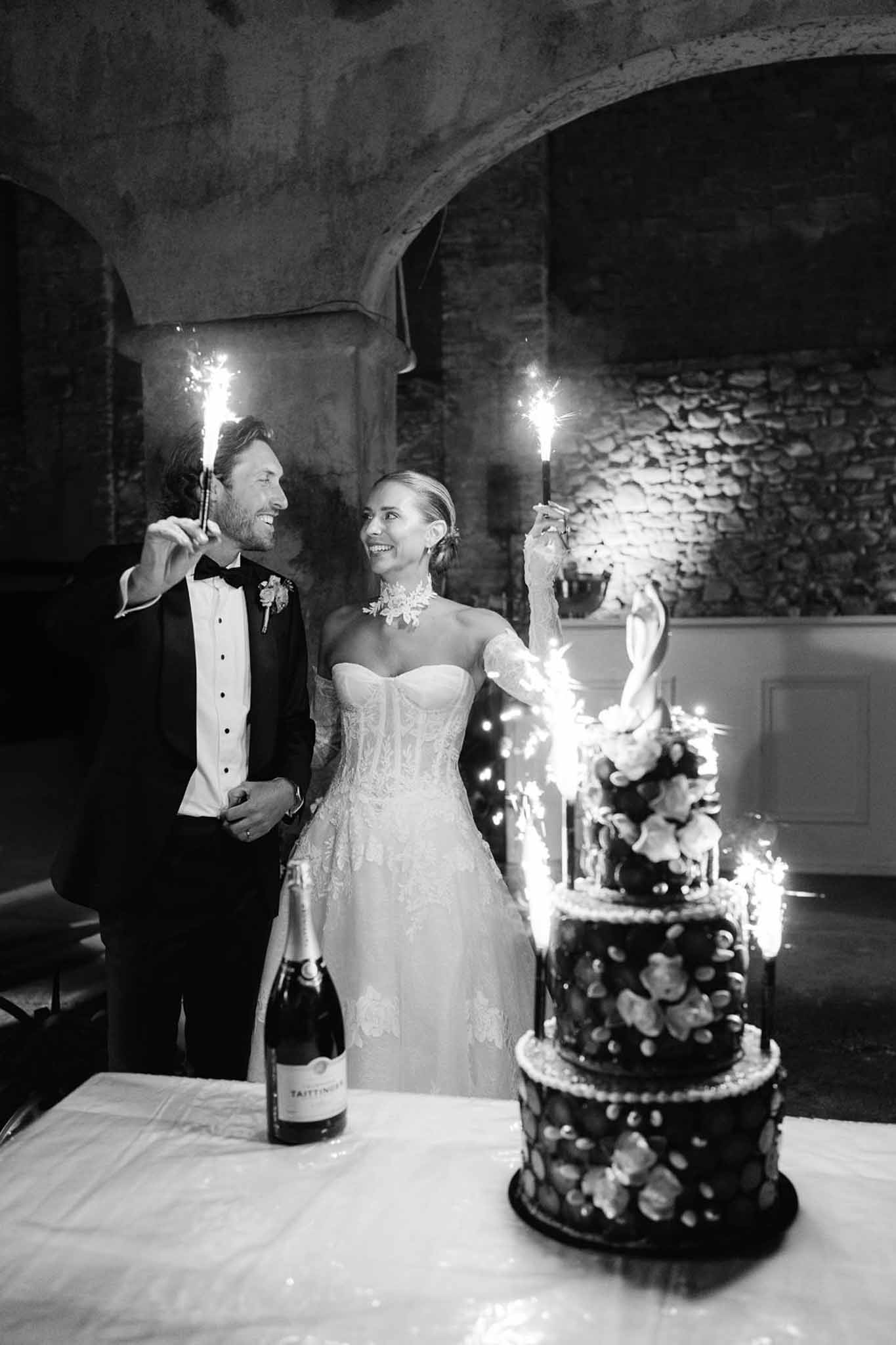 Black and white photo of wedding reception table setting