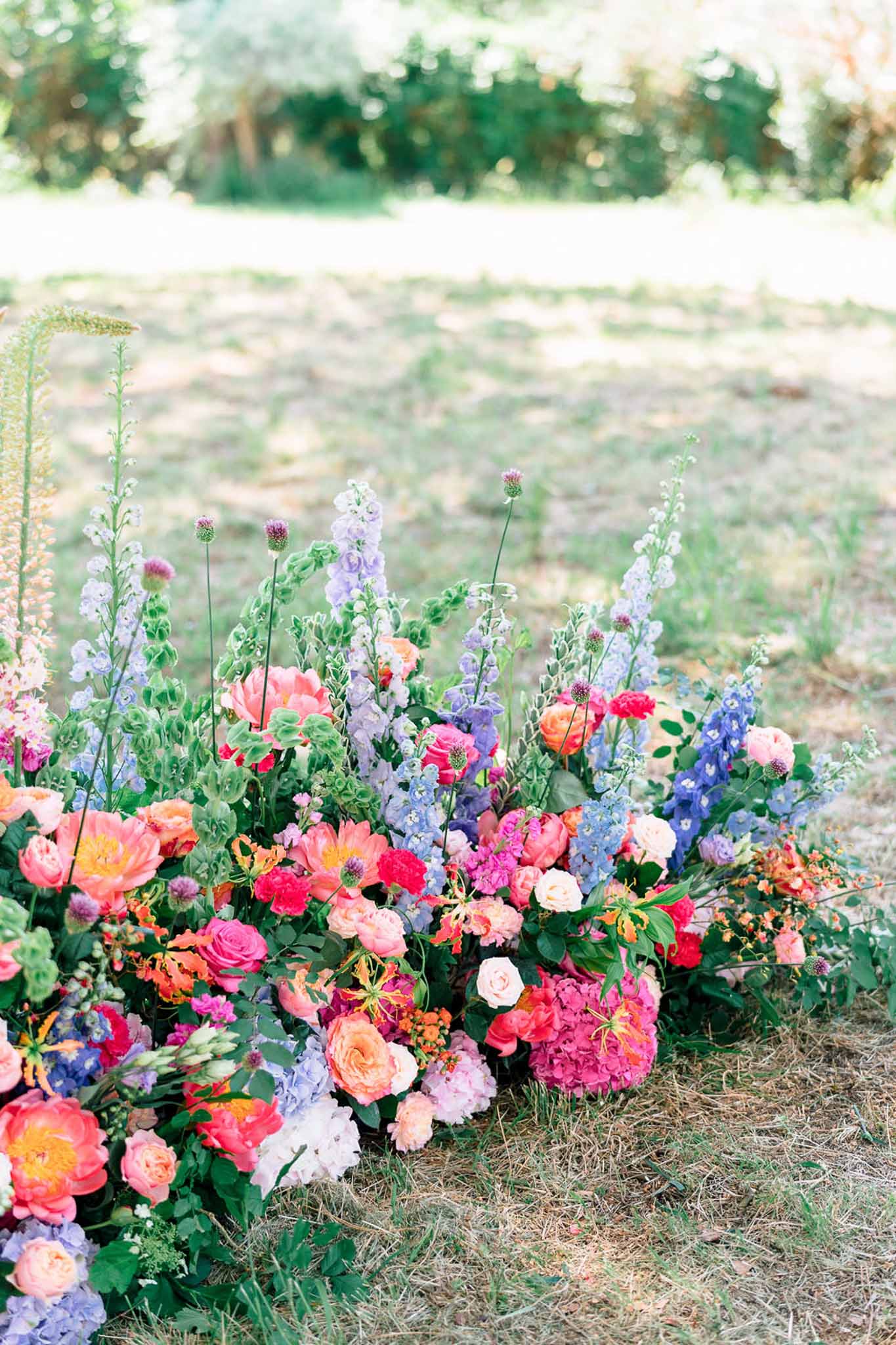 Wedding ceremony in a garden with hydrangeas