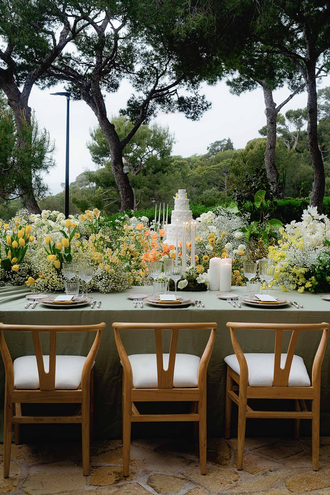 Wedding reception table setting in a garden