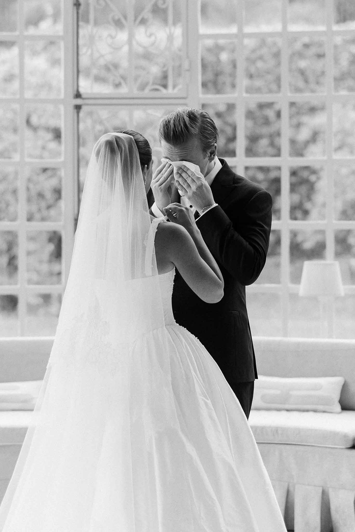 Groom crying during first look with bride at Domaine Rocabella, Cote d'Azur