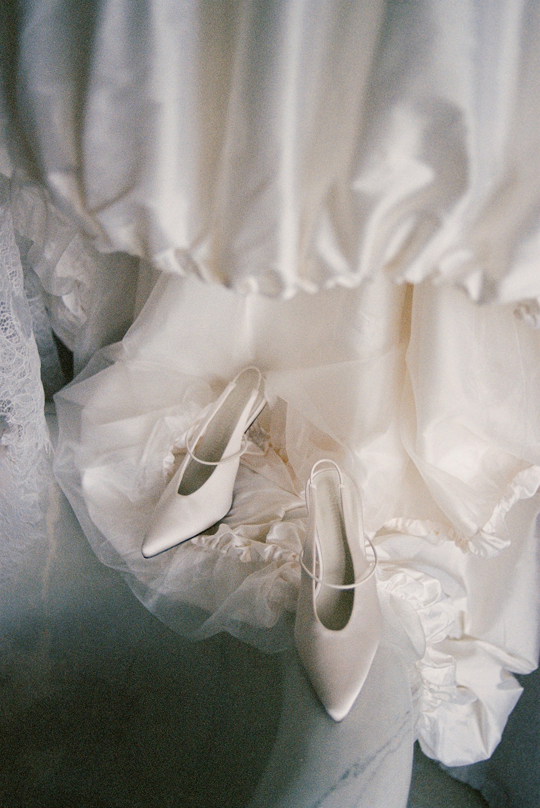 Bridal shoes on silk taffeta gown at Domaine Rocabella