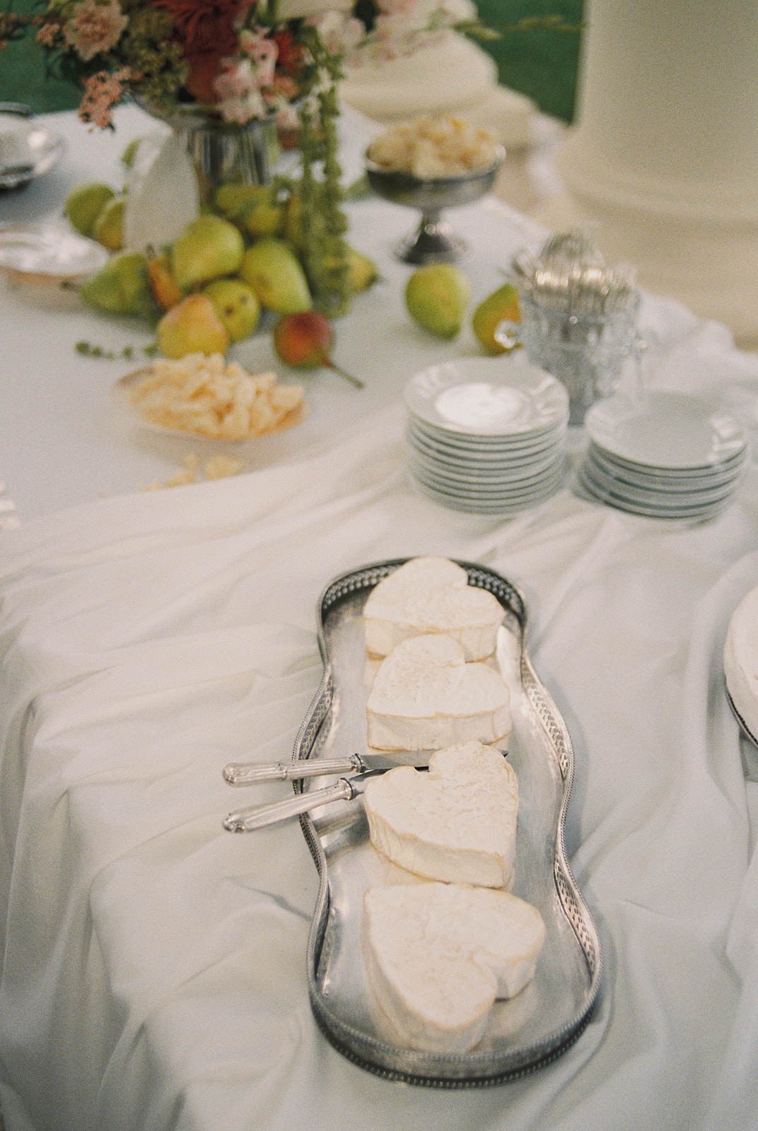 Heart-shaped cheese and dessert display at Domaine Rocabella
