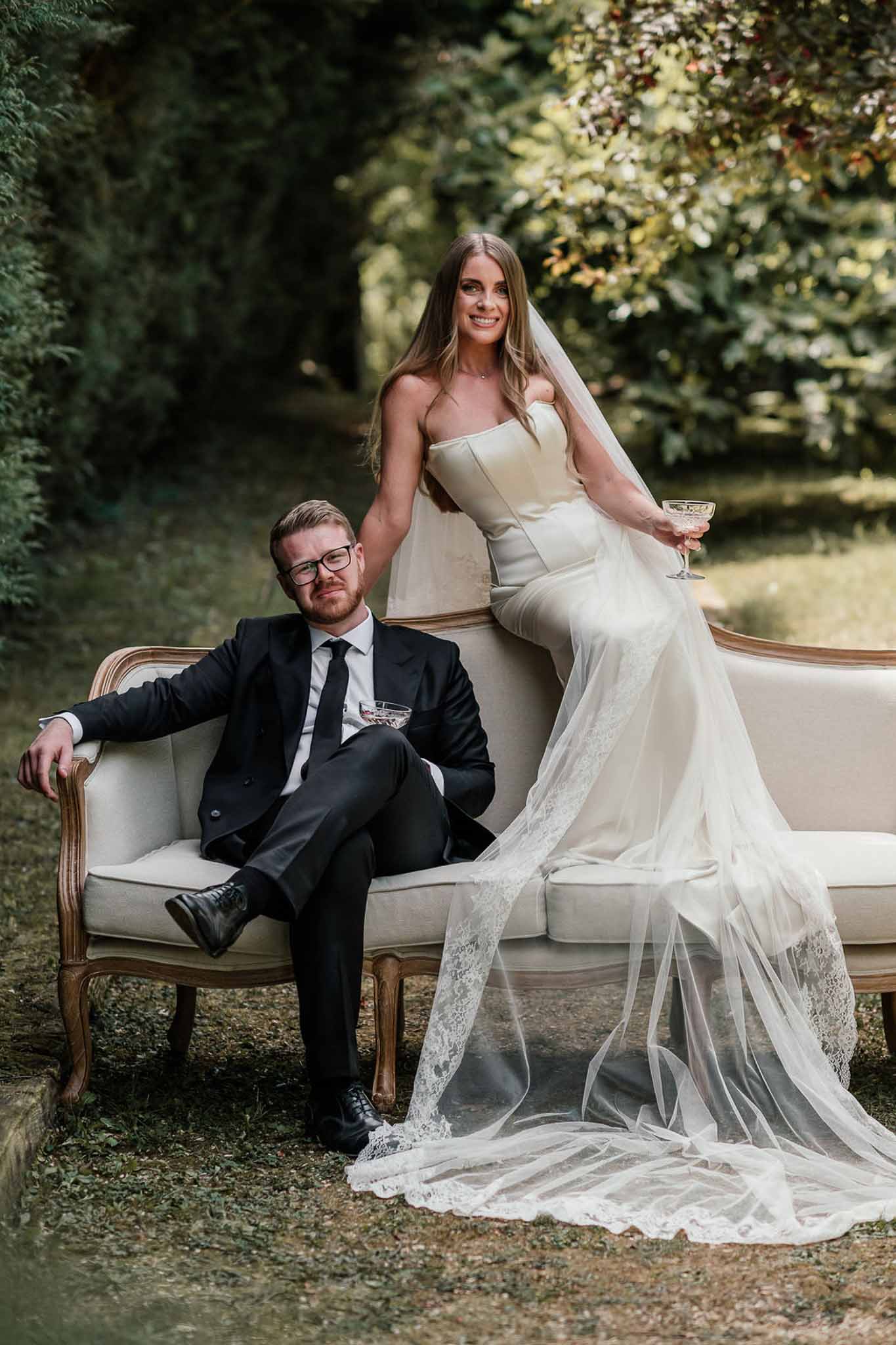 Bride and groom portrait in a garden