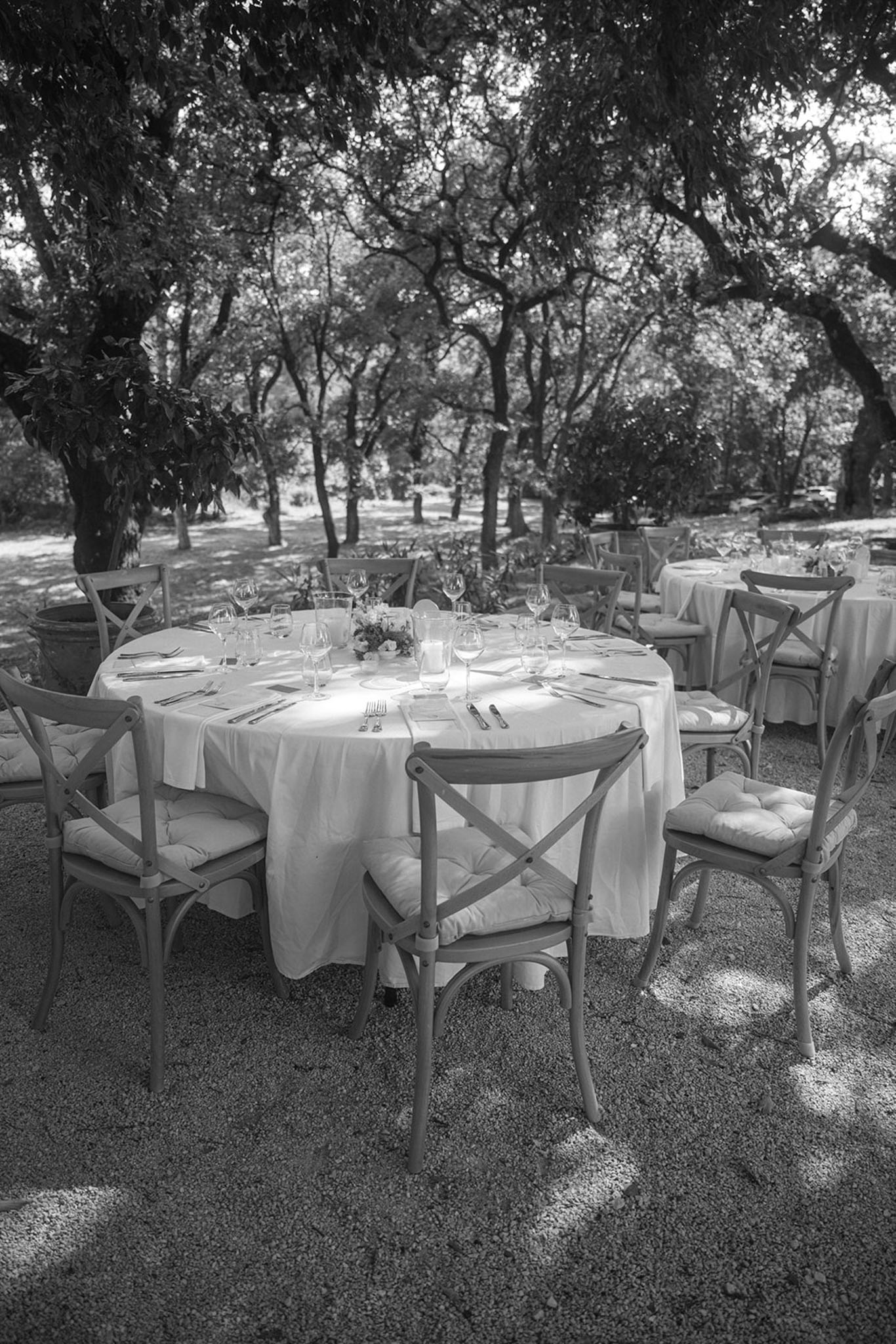 Black and white outdoor reception round tables with white linen cross-back chairs menus and floral centerpieces under trees