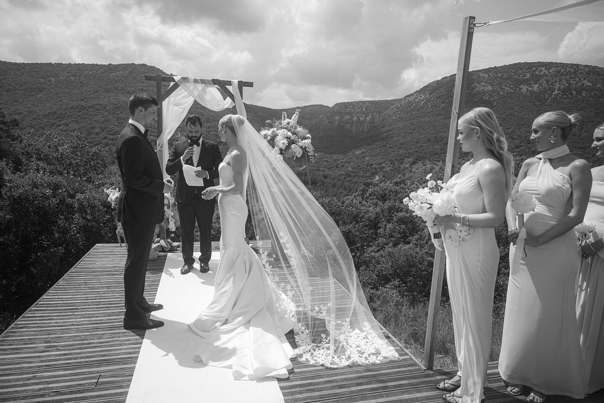 Black and white photo of wedding ceremony