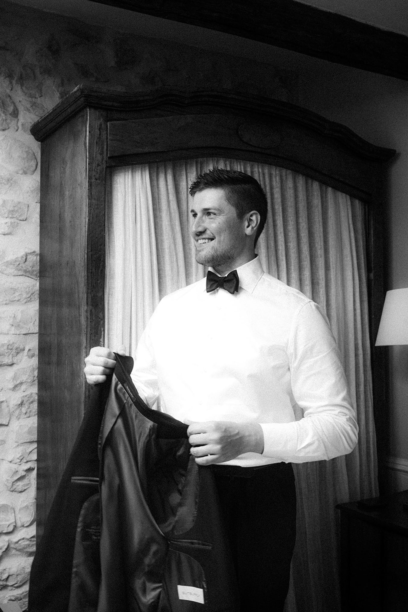 Black and white photo of interior of