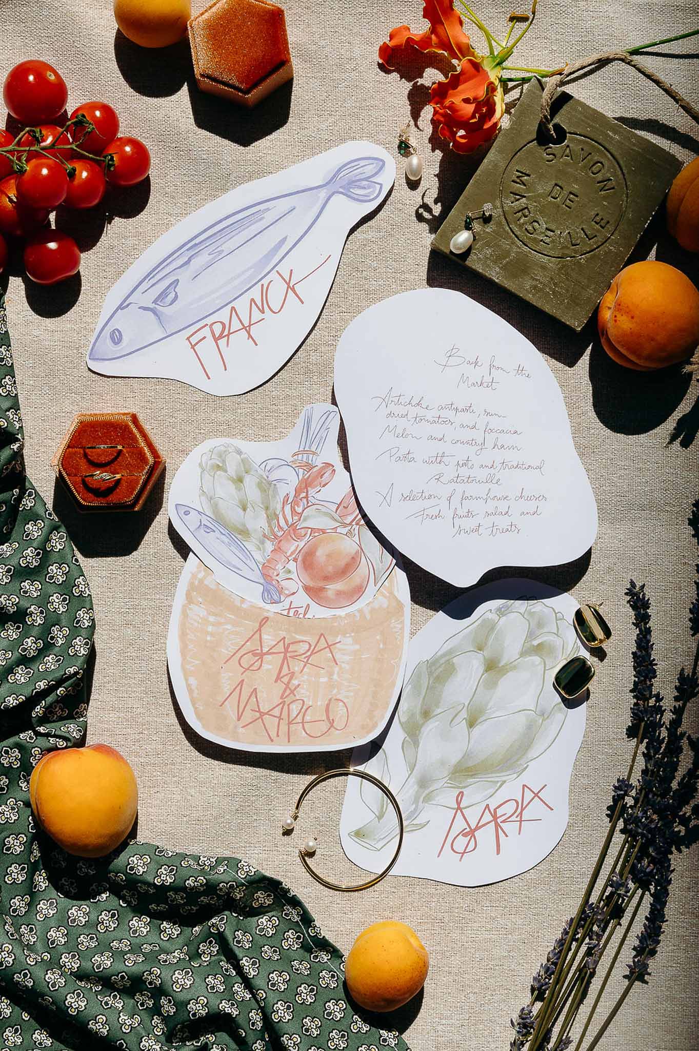 Flat lay of personalized stationery cards, seasonal fruits and accessories, Bastide des Barattes