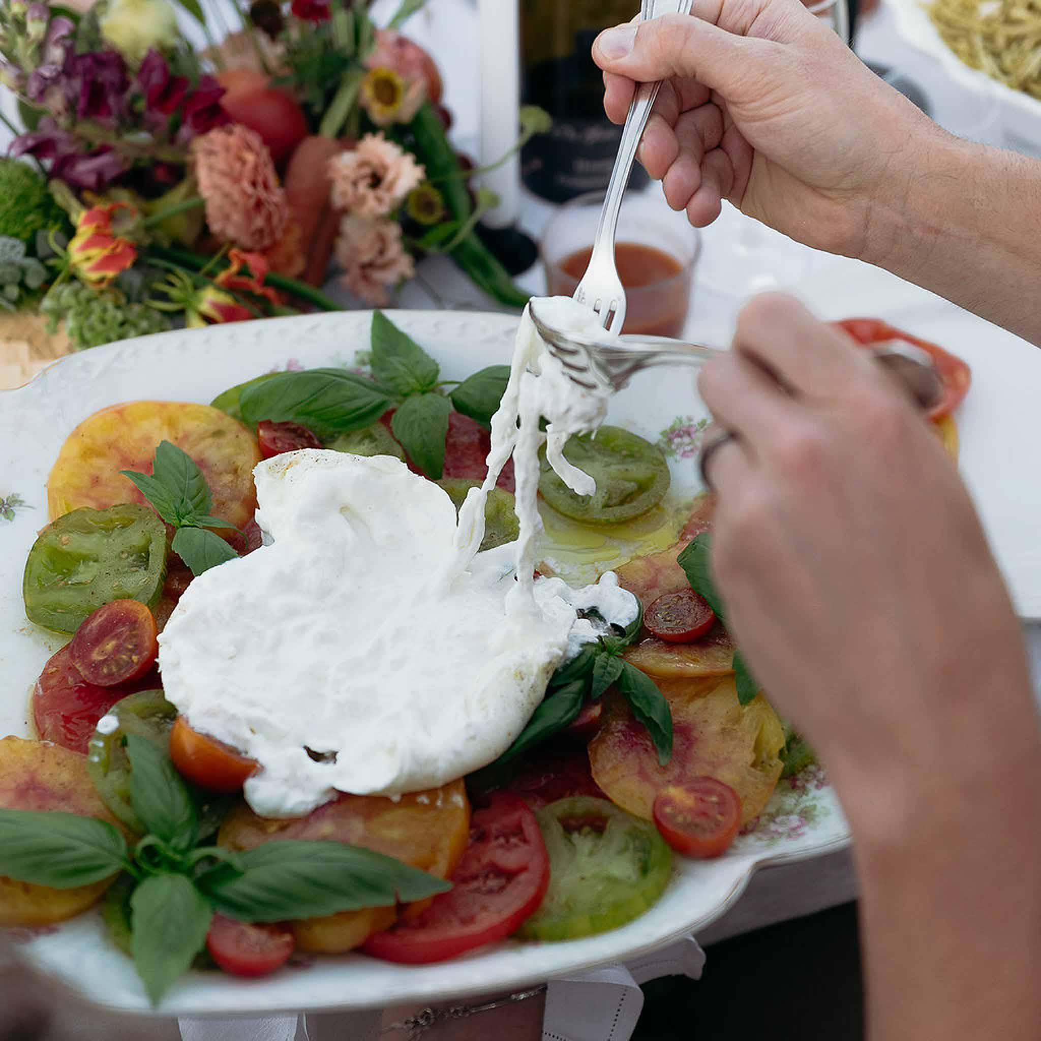Provençal food service at reception — salad and cheese platters on the market table, Bastide des Barattes